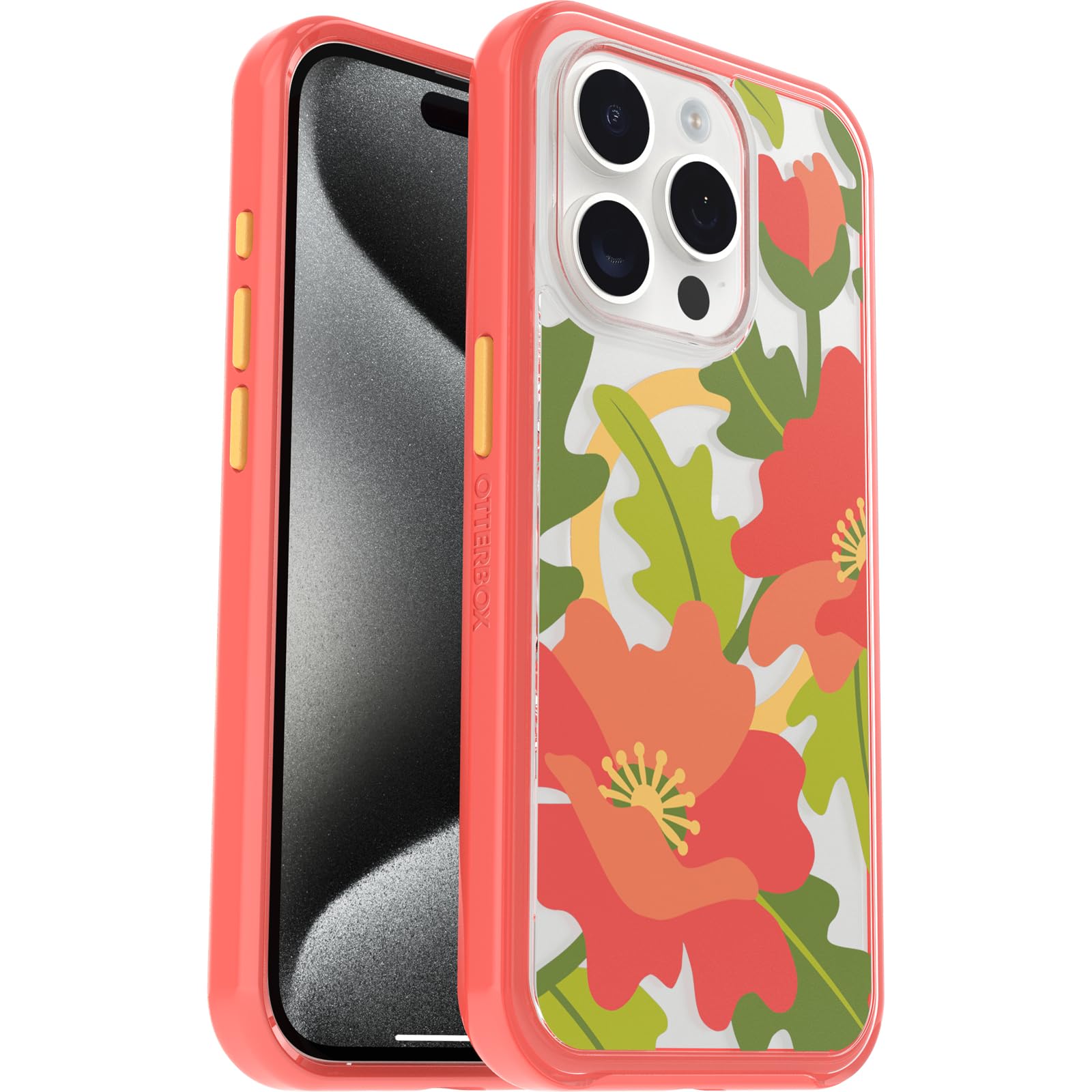 Otterbox Iphone 15 Pro (Only) Symmetry Series Clear Case   Quilted Poppies (Red), Snaps To Magsafe, Ultra Sleek, Raised Edges Pr