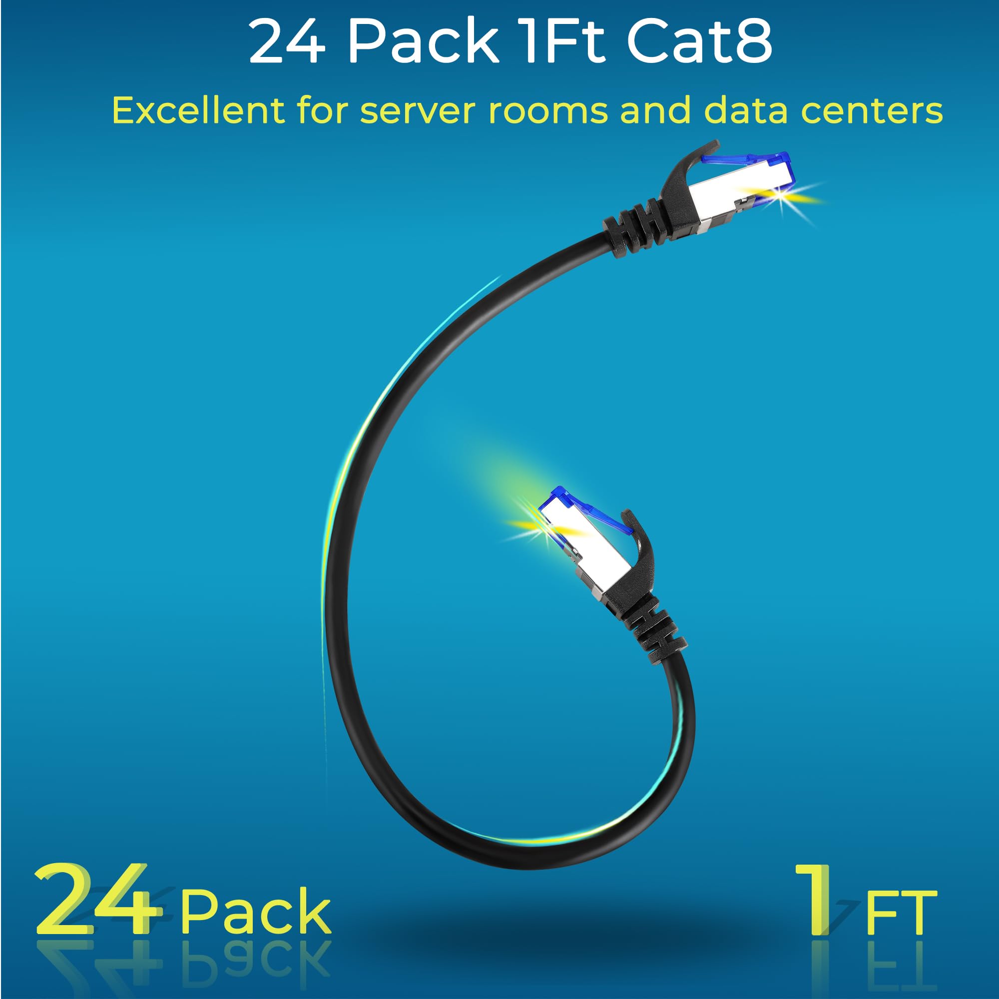 Rapink Patch Cables Cat8 1Ft 24 Pack Slim, Cat8 Ethernet Patch Cable 40G Support, Snagless Cat 8 Patch Cable For Patch Panel To Switch, Flexiable Cat 8 Ethernet Cable Datacenter With Gold Plated
