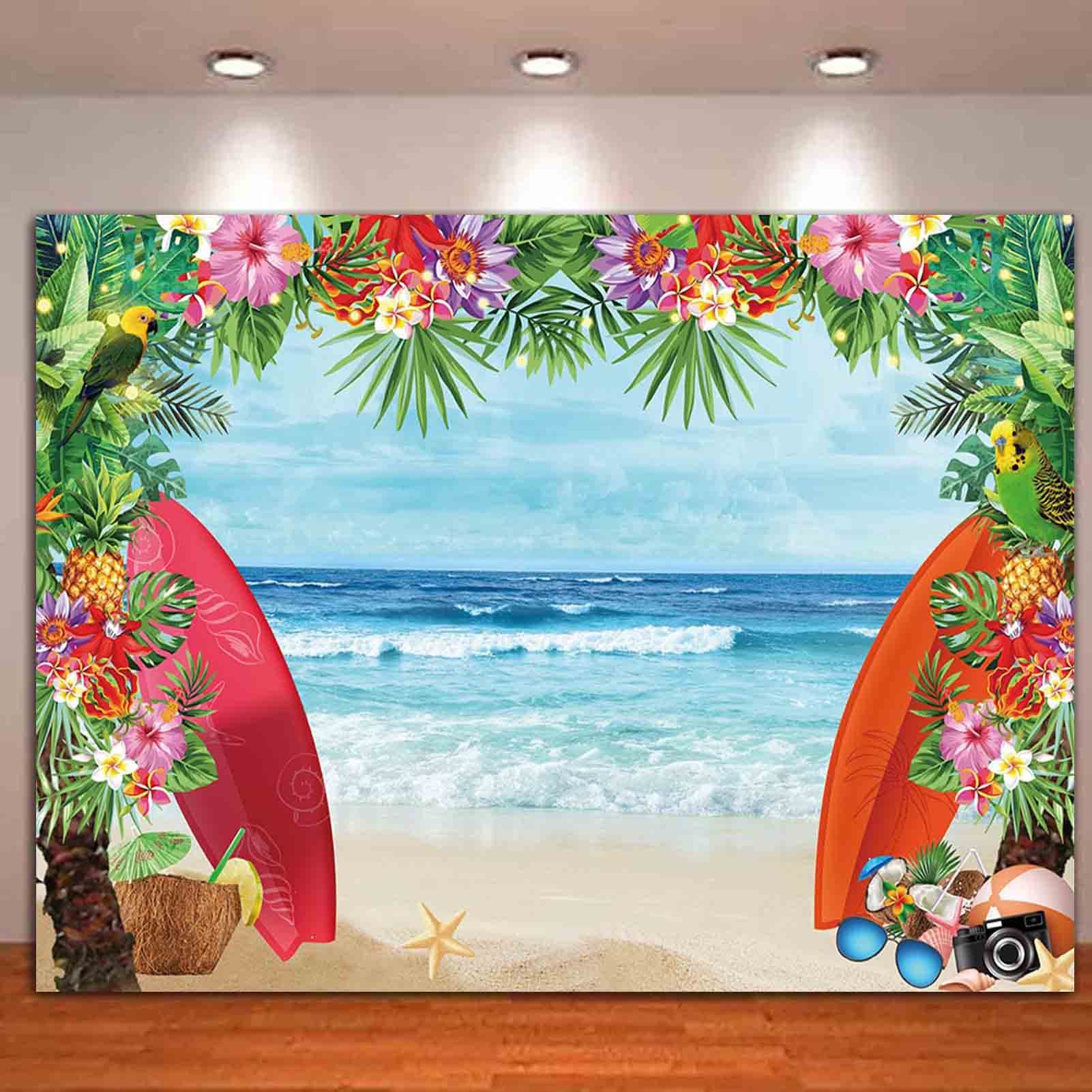 Hqm 7X5Ft Fabric Summer Tropical Beach Photo Background Beach Conch Hawaii Blue Sea Flower Children Birthday Luau Party Photogra