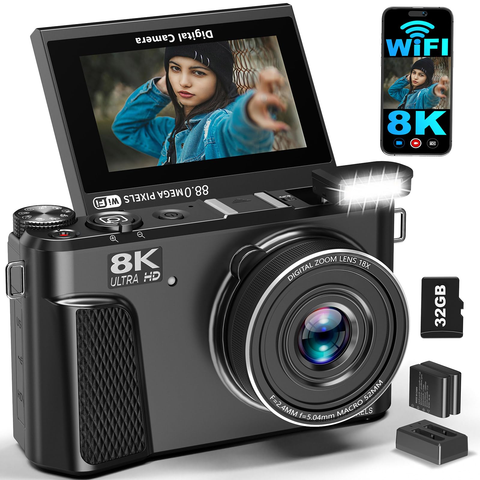 8K Digital Camera for Photography, Autofocus Vlogging Camera for YouTube