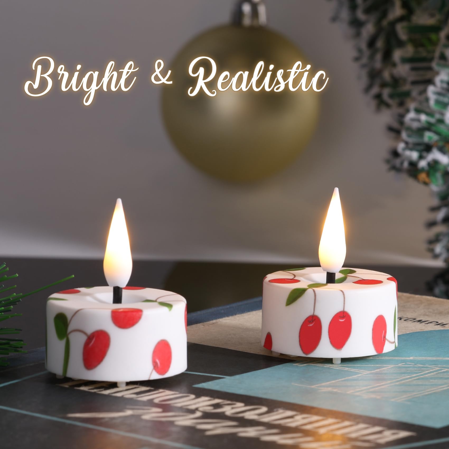 Eywamage Red Cherry Flameless Tealights With Remote Batteries, Flickering Plastic Led Tea Votive Candles Set Of 12