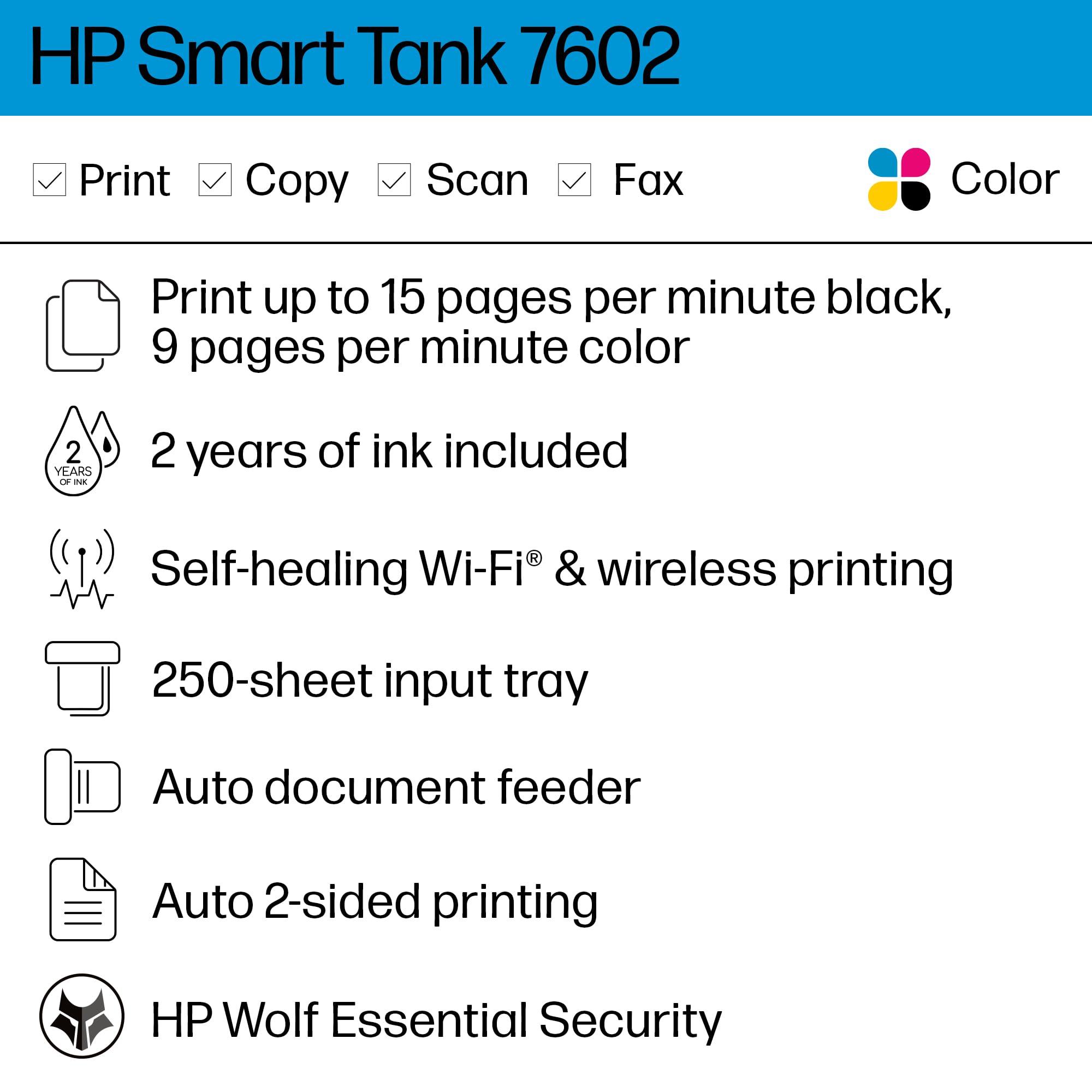 Hp Smart Tank 7602 Wireless All-In-One Ink Tank Printer With 2 Years Of Ink Included,Print, Scan, Copy, Fax, Best-For-Home, Refi