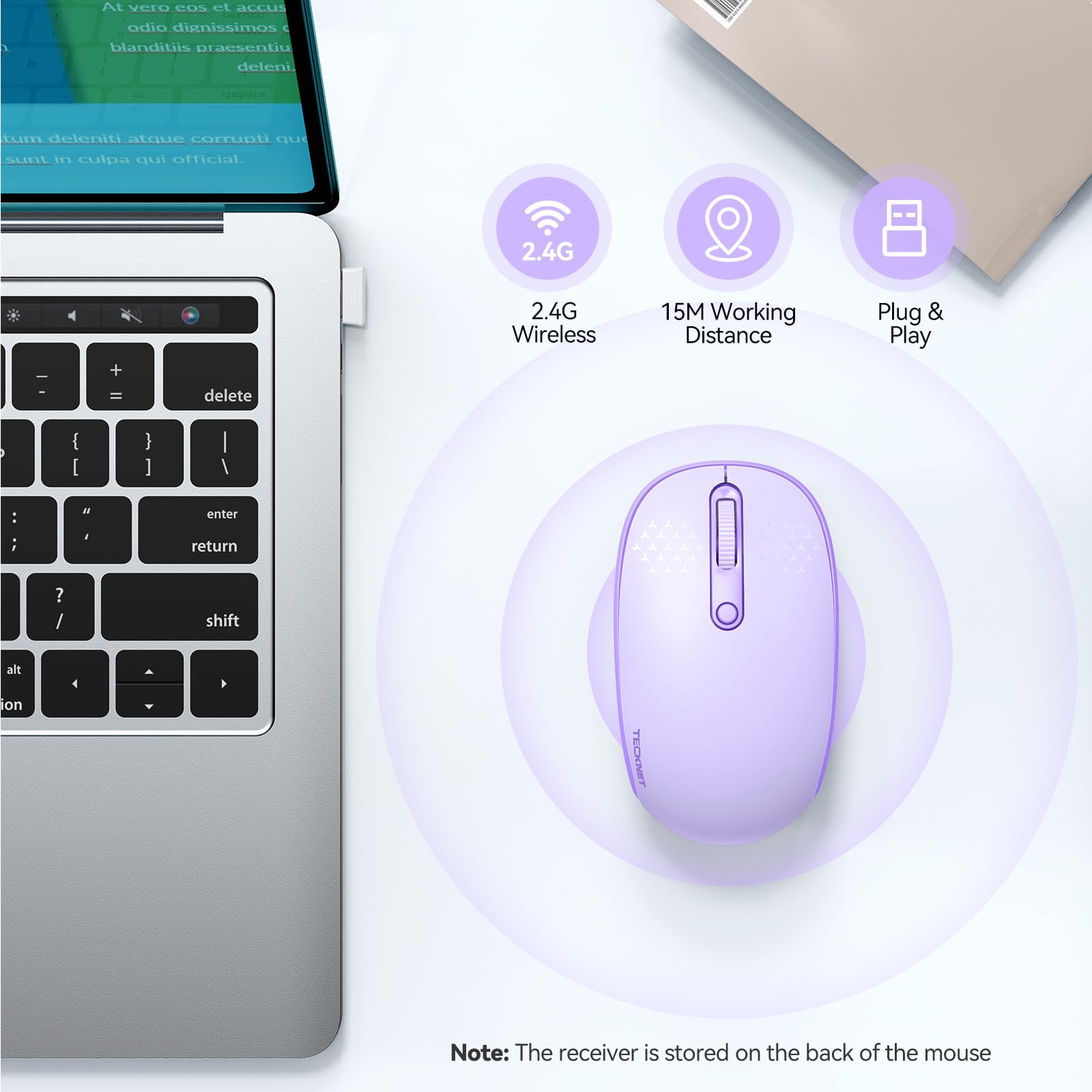 Tecknet Wireless Mouse, 2.4G Quiet Computer Mouse With Usb Receiver, 4 Buttons Portable Cordless Mice For Chromebook, Laptop, Pc, Mac, 800/1200/1600 Dpi   Purple