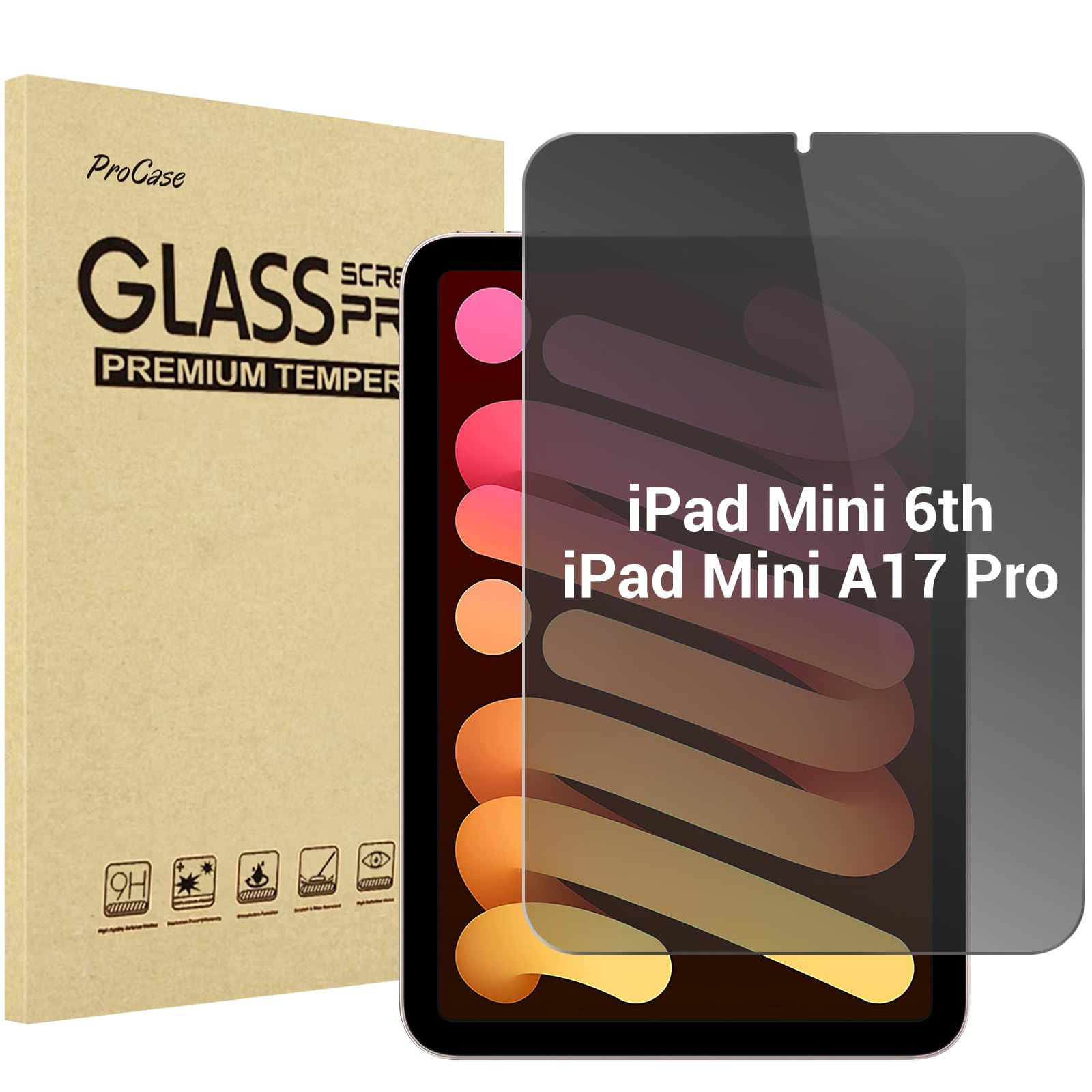 Procase Privacy Screen Protector For Ipad Mini 7Th(A17 Pro) 2024 / Mini 6Th Generation 8.3' 2021, Anti Spy Tempered Glass Film Guard For Ipad Mini 7 6 8.3 Inch  1 Pack
