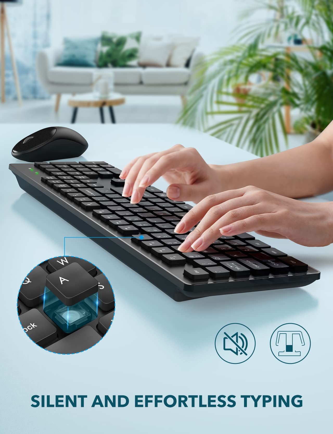 Wireless Keyboard And Mouse, Wisfox Usb Computer Keyboard With Silent Keys, Long Battery Life, 2.4Ghz Full Size Lag Free Cordles