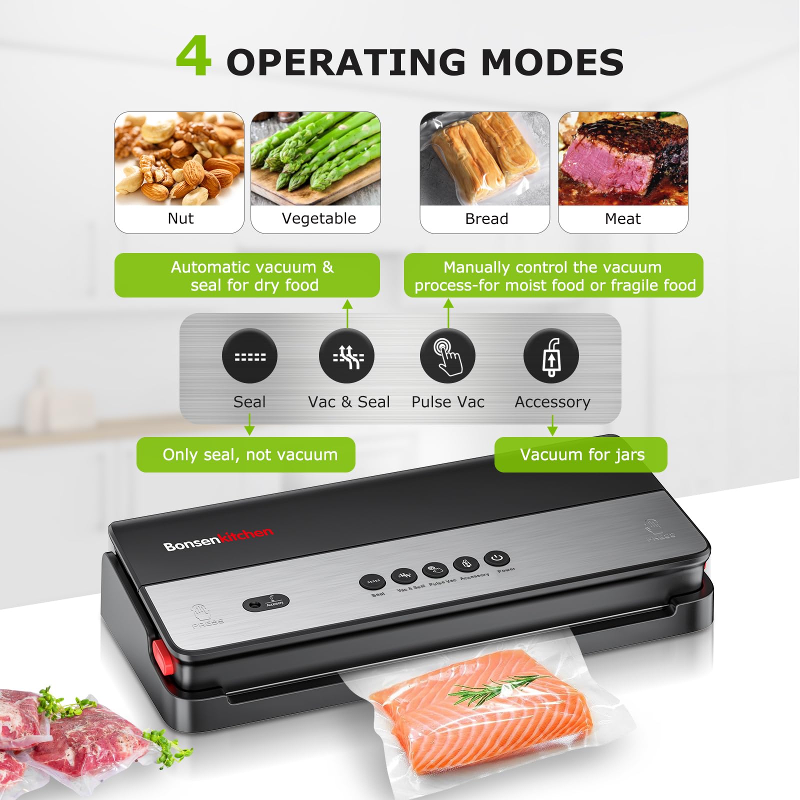 Bonsenkitchen Vacuum Sealer Machine, Multi Functional Food Sealer, Built In Cutter & Bag Storage, Globefish Technology For High