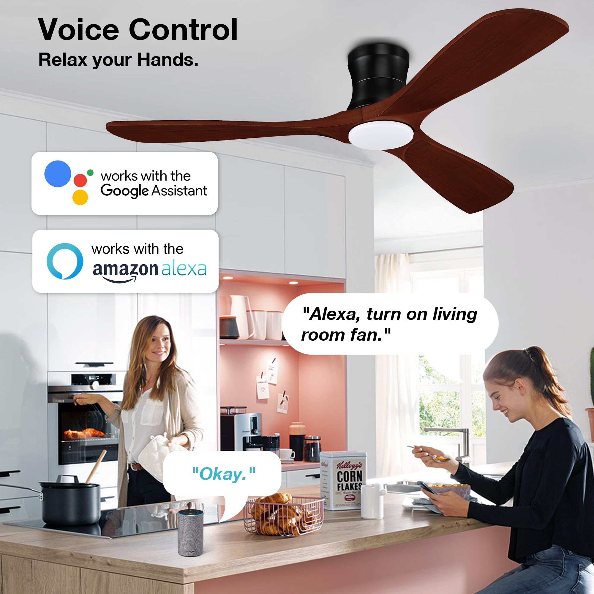 Hoenofly 52    Smart Wood Flush Mount Ceiling Fans With Lights Remote,Quiet Dc Motor,Outdoor Indoor Low Profile Ceiling Fan,Voic