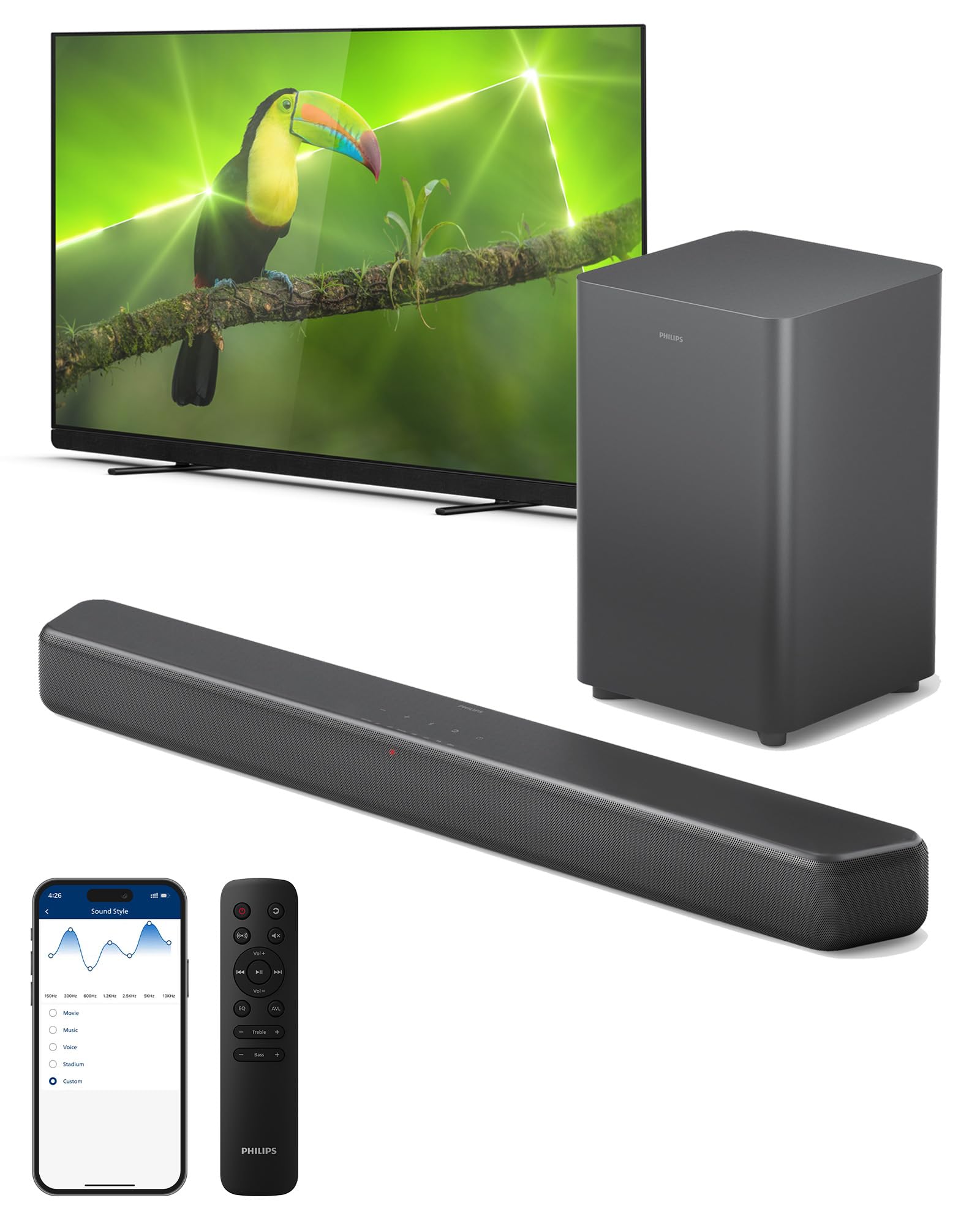 Philips B5309 Soundbar 2.1 With Wireless Subwoofer And Immersive Dts Virtual:X Audio Technology   240W Max Power, Deep Bass, Blu