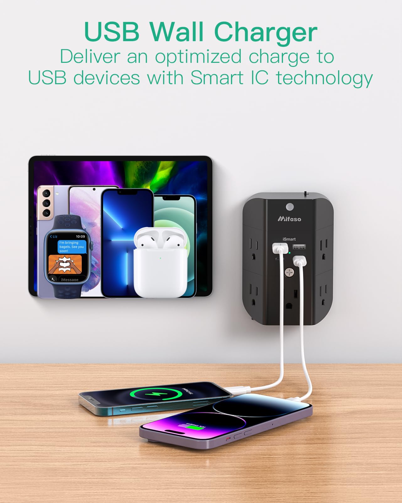 Surge Protector Outlet Extender With Night Light, 5 Outlet Splitter And 4 Usb Ports (2 Usb C Charger), Multi Plug Wall Outlet Fo