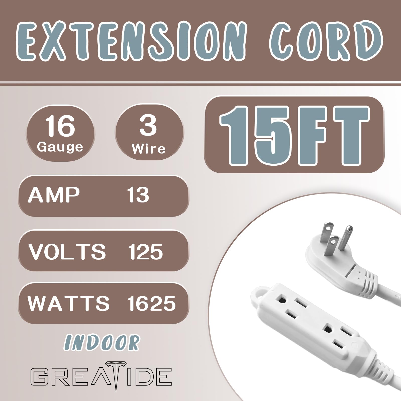Greatide 15 Ft Flat Plug Extension Cord,16/3 Sjt Indoor Low Profile 3 Outlets Extension Cable With 45 Angled Flat Plug, Multiple