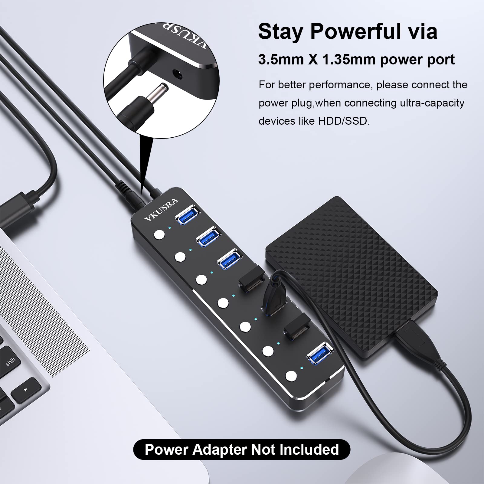 Usb Hub, Vkusra 7 Port Usb Hub 3.0 With 4Ft Usb Long Cable, And Aluminum Usb 3.0 Hub With Individual On/Off Switch And Led Indicator, Usb Splitter For Laptop & Pc, Power Adapter Not Included