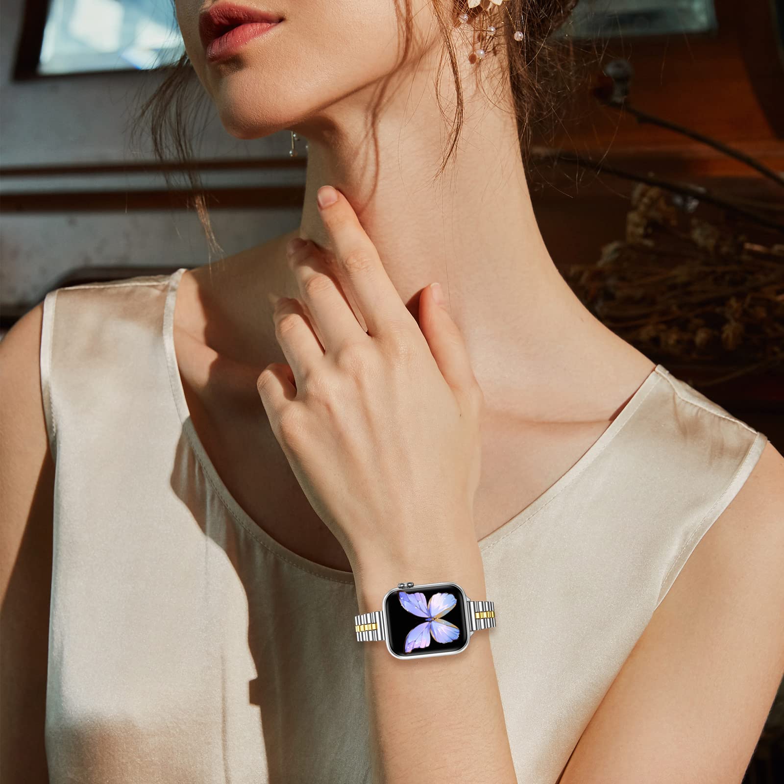 Miohhr Slim Band Compatible With Apple Watch Band 42Mm 44Mm 45Mm 49Mm,Thin Stainless Steel Metal Chain Strap For Women Iwatch Ba