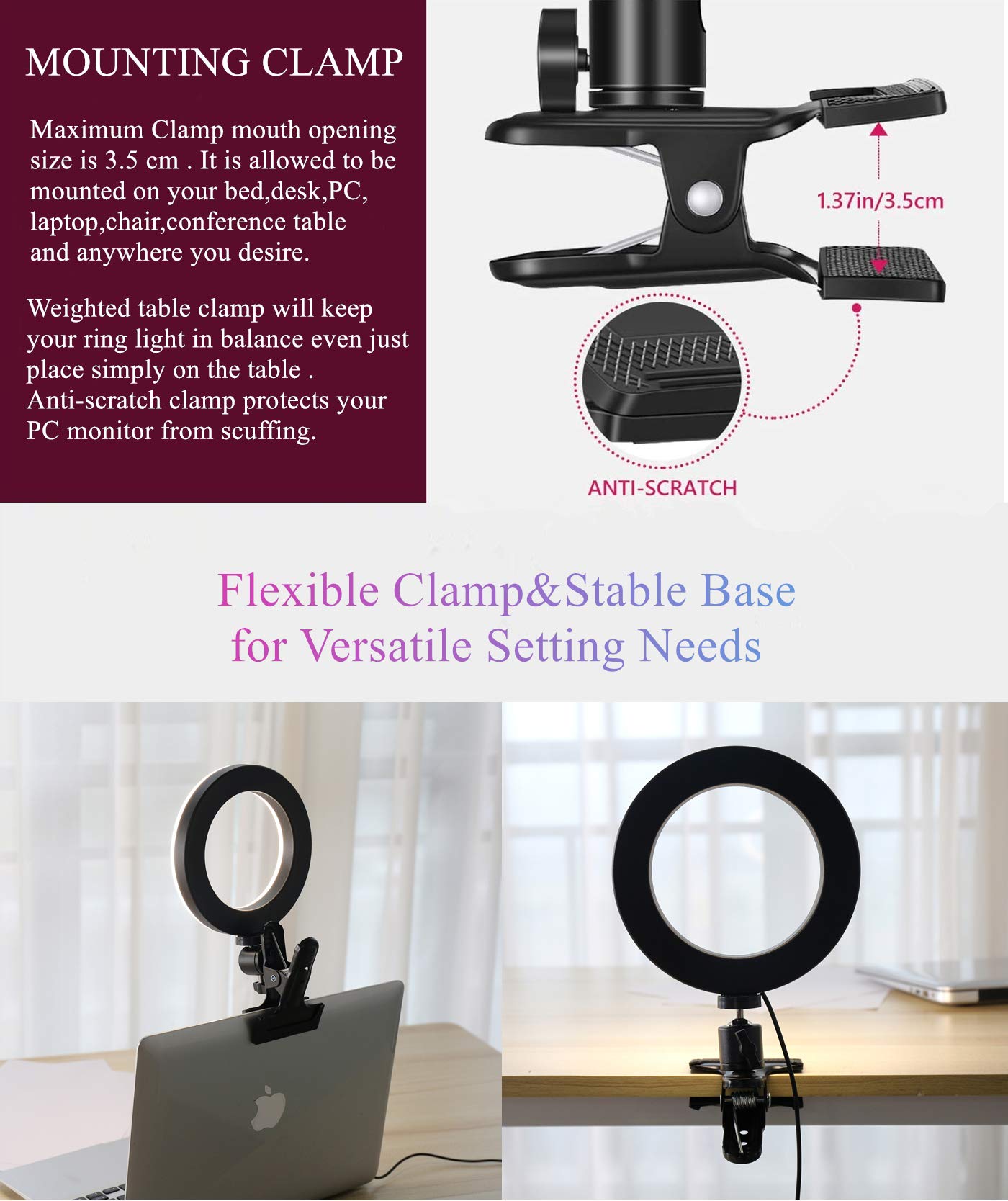 6.3'' Ring Light With Clamp Mount For Laptop,Webcam Light With 3 Light Modes&10 Level Dimmable For Laptop/Pc Monitor/Desk/Bed/Of