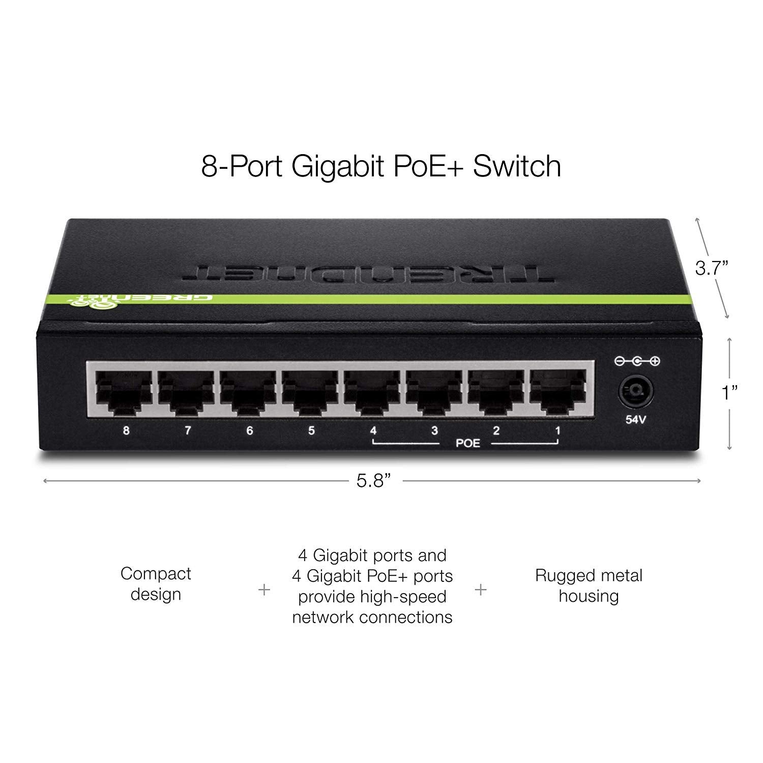 Trendnet 8 Port Gigabit Greennet Poe+ Switch,Tpe Tg44G, 4 X Gigabit Poe/Poe+ Up To 30 Watts/Port, 4 X Gigabit, 61W Power Budget,