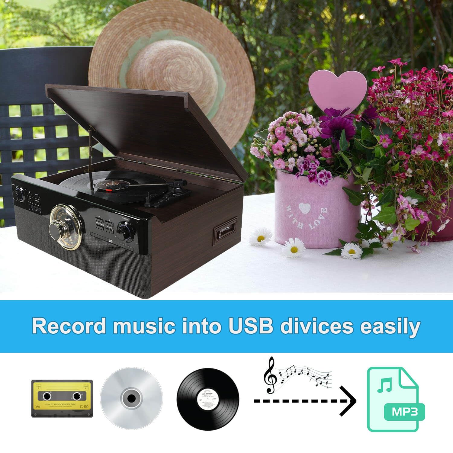 All In One Record Player 3 Speed Turntable Bluetooth Cd Cassette Tape Fm Radio Usb Playback And Recording Aux In Rca Line Out