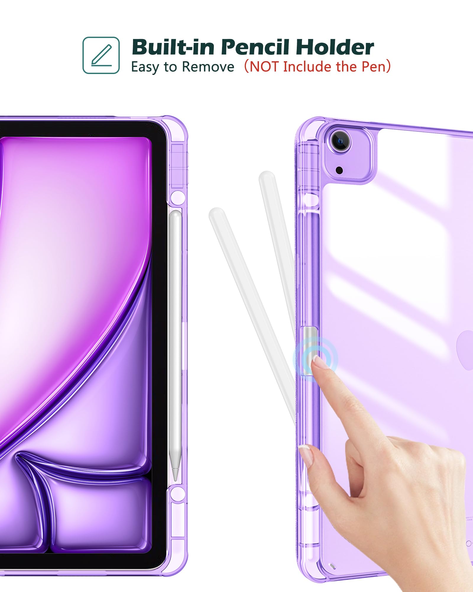 Procase For Ipad Air 13 Inch Case M3 2025/M2 2024 With Pencil Holder, Hybrid Smart Cover Ipad 13 Air M3 M2 Case With Clear Transparent Back, Supports Touch Id, Auto Wake/Sleep  Purple