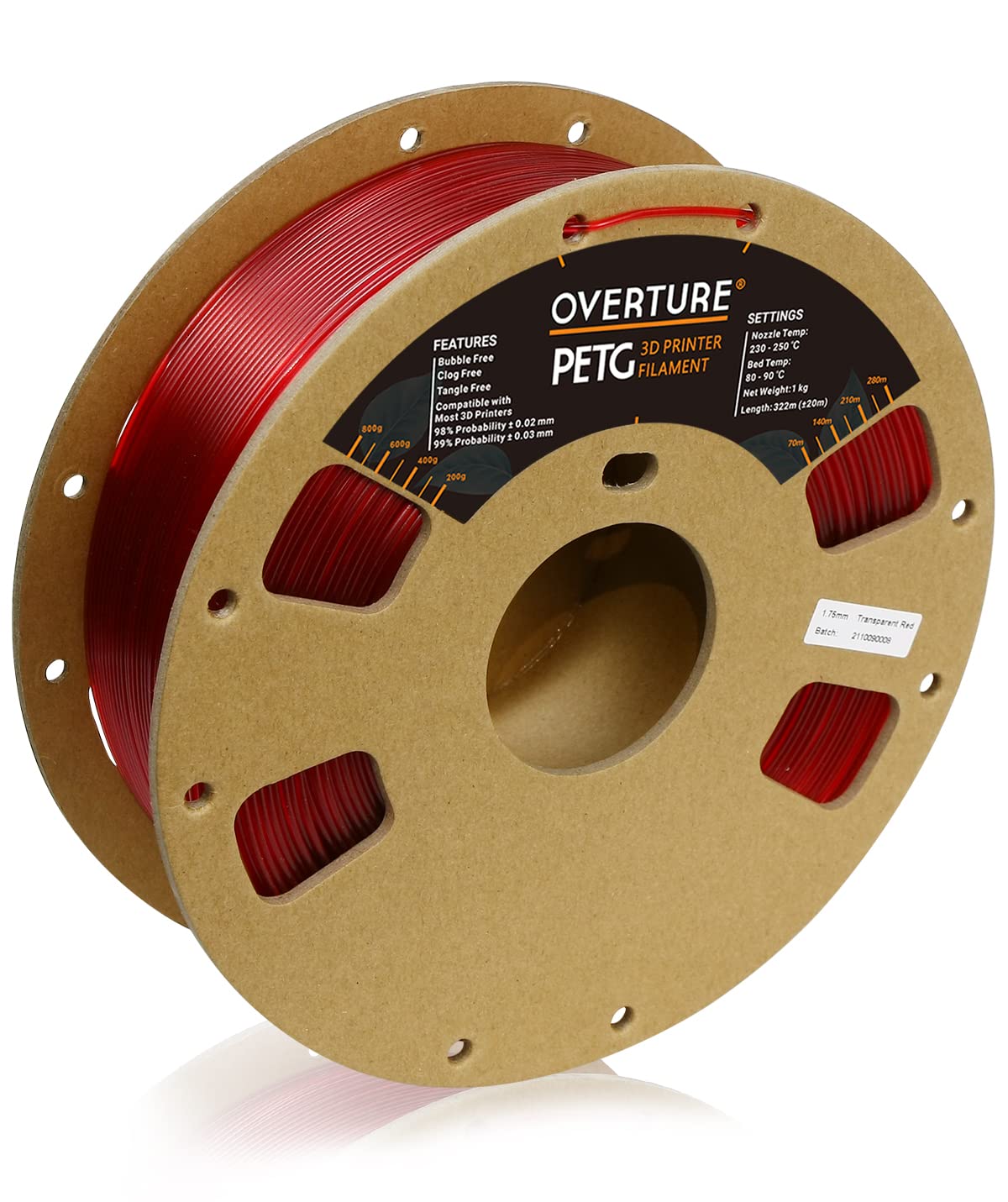 Overture 3D Filament Clear Petg Filament 1.75Mm, Petg Transparent Red 3D Printer Consumables, 1Kg Filament (2.2Lbs), Dimensional