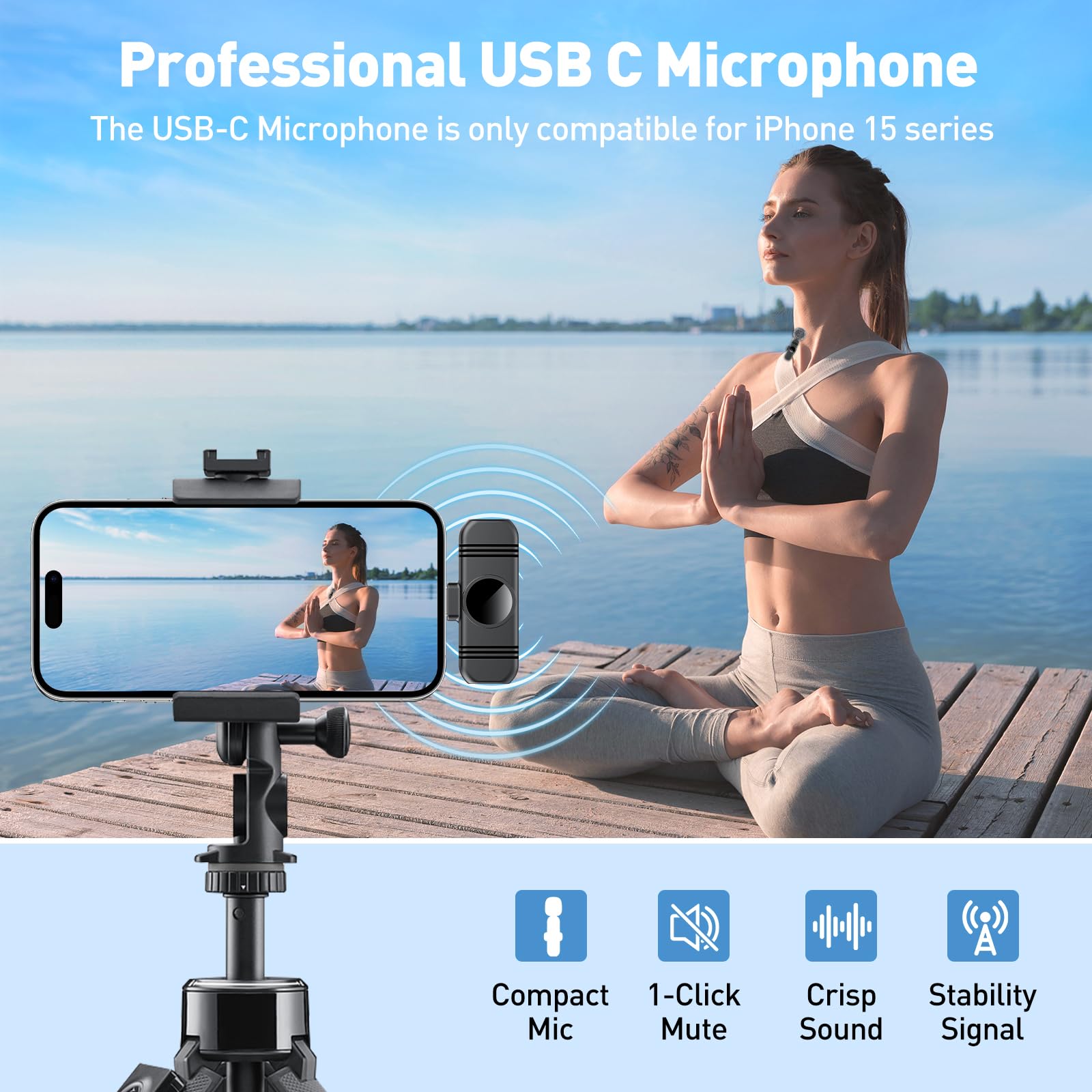 Type C Wireless Lavalier Microphone For Iphone 15,Android And Laptop,Tablet,Pc,Clip On Microphone With Noise Reduction For Video