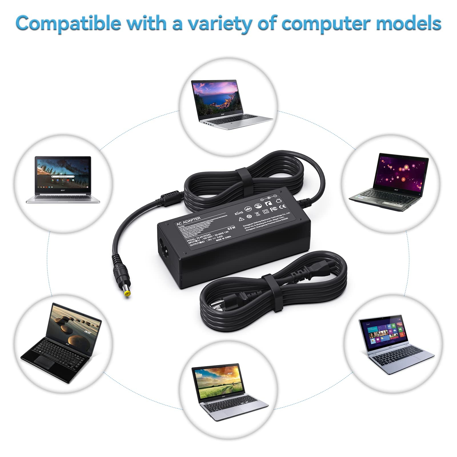65W Charger For Acer Aspire 5 3 Series; Aspire A515 43, A515 51, A514 52, A515 54, A315 41, A315 53, A114 32, A315 51, A315 32, A115 31, A115 32, A114 32, A315 21, A315 31 Laptop Power Adapter