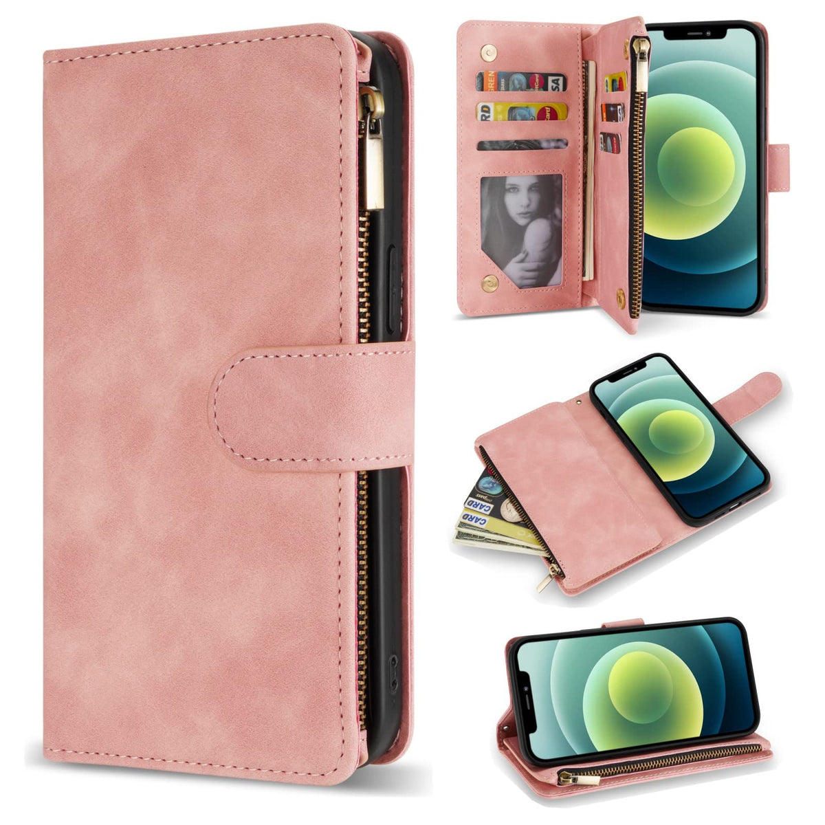 Zzxx Iphone 12 Mini Wallet Case With Card Slot Premium Soft Pu Leather Zipper Flip Folio Wallet With Wrist Strap Kickstand Prote