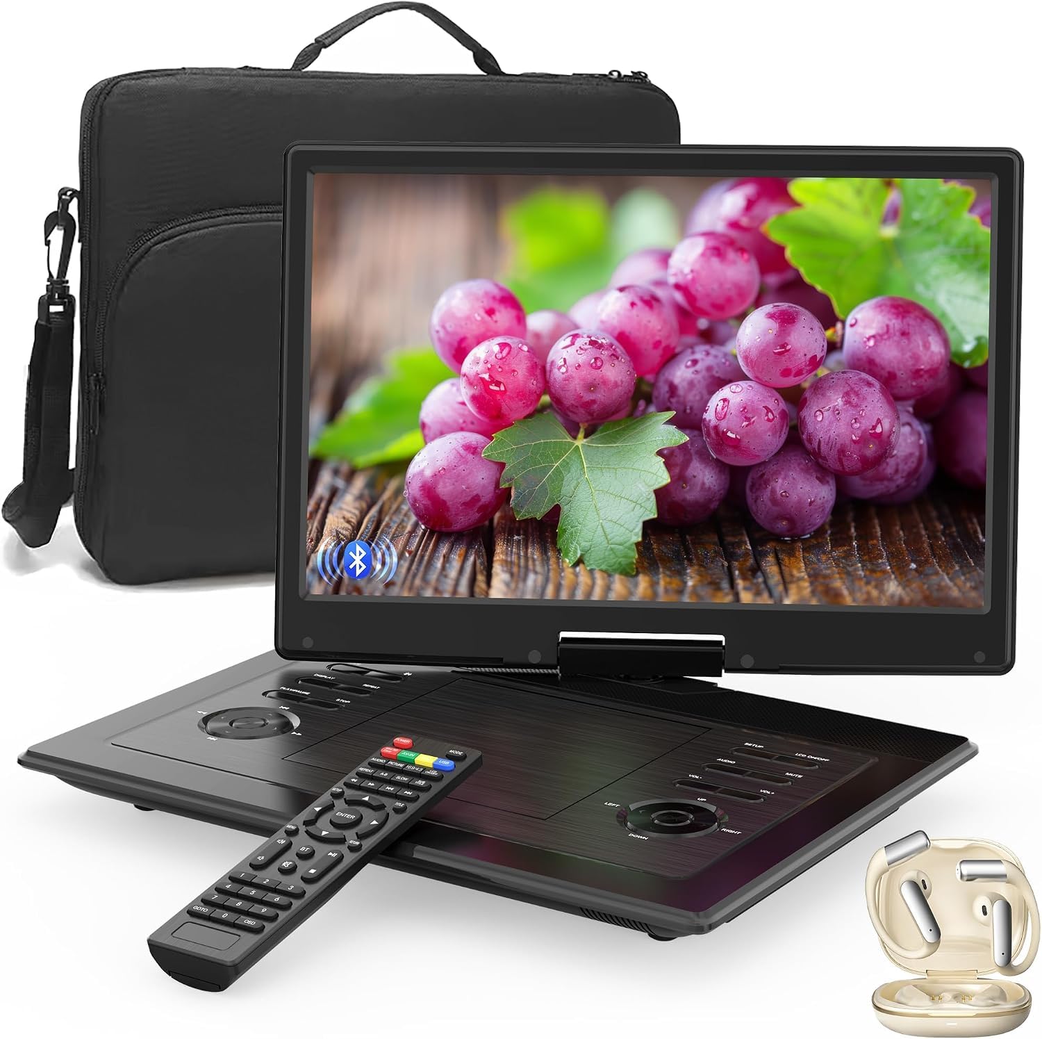 17.3 Portable DVD Player with Bluetooth Hadphones and Carrying Bag,15.4 WideViewingAngle HD Screen,6Hours Rechargeable Batt