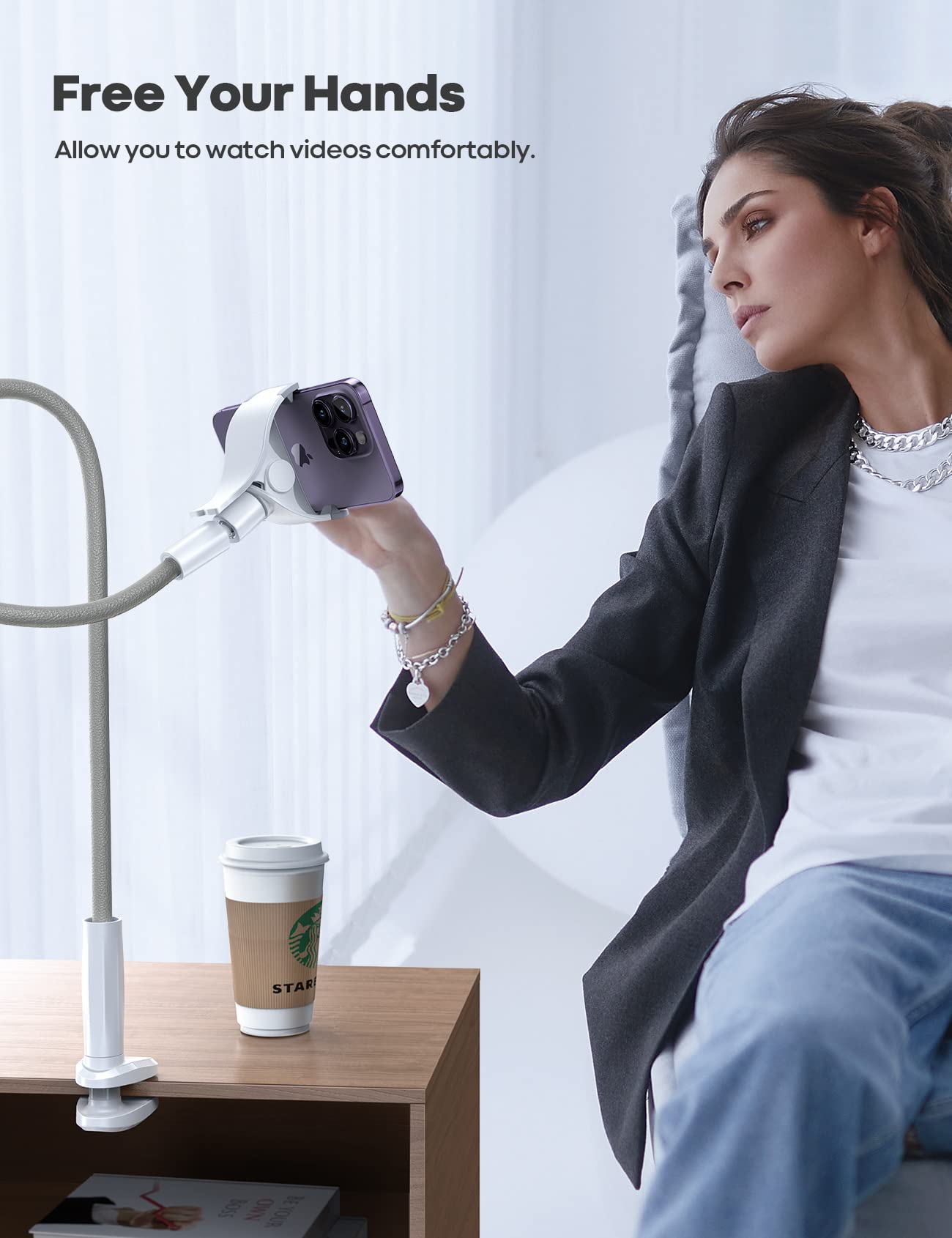 Lamicall Phone Holder Bed Gooseneck Mount, Cell Phone Clamp Clip For Desk, Flexible Long Arm Headboard Bedside Lazy Bracket, Ove