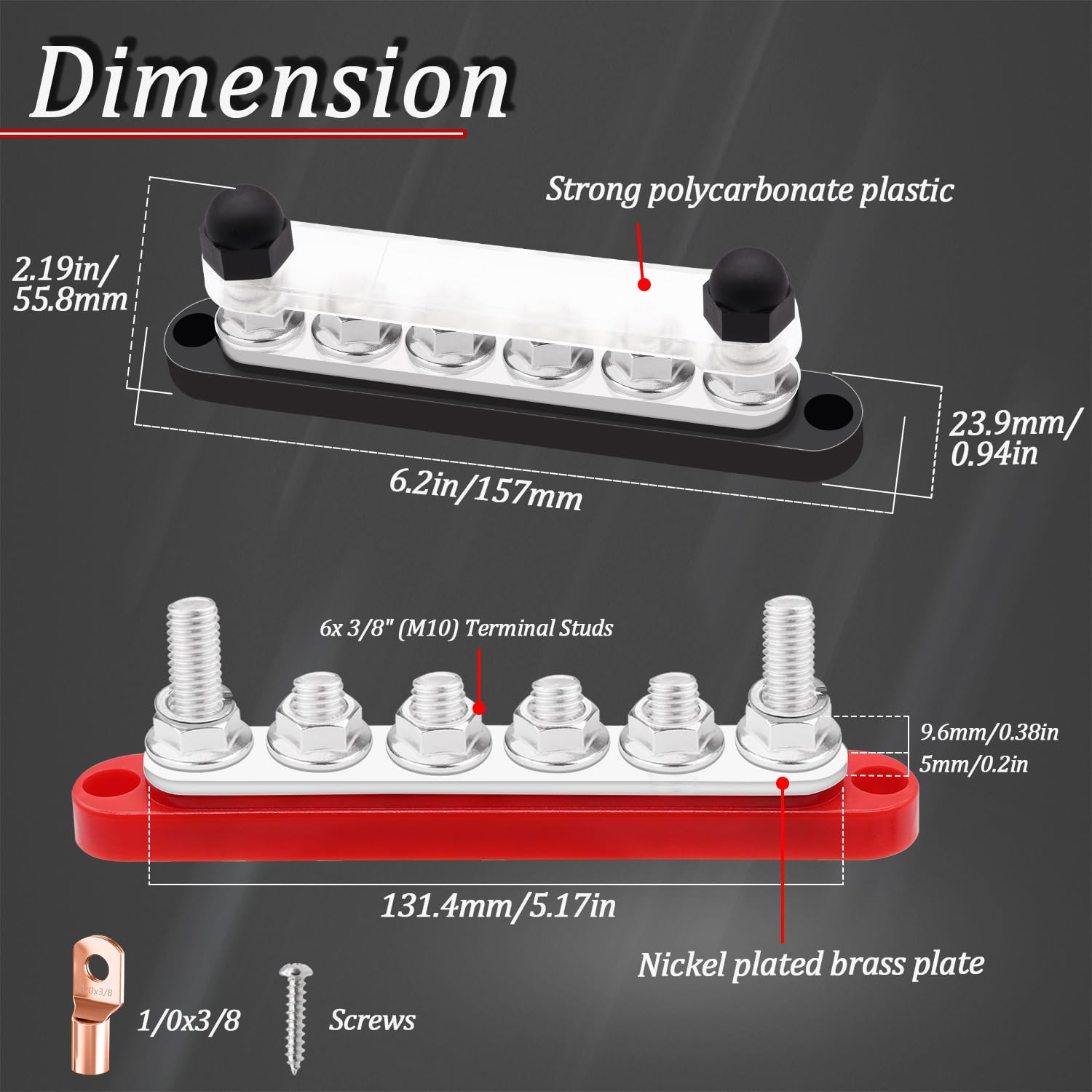 Maierke 350A Bus Bar 12V Marine 6 X 3/8'' (M10) Terminal Studs 12V 48V Power Distribution Block With Cover,With 4Pcs Battery Lug