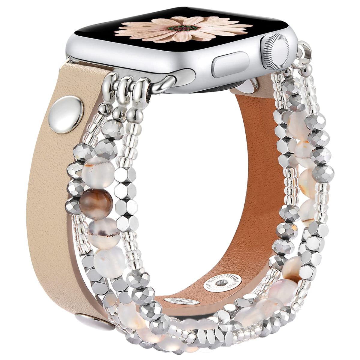 Fastgo Bracelet Band Compatible With Apple Watch 40Mm 38Mm 41Mm Women, Dressy Elastic Beaded Leather Strap For Iwatch Se&Series