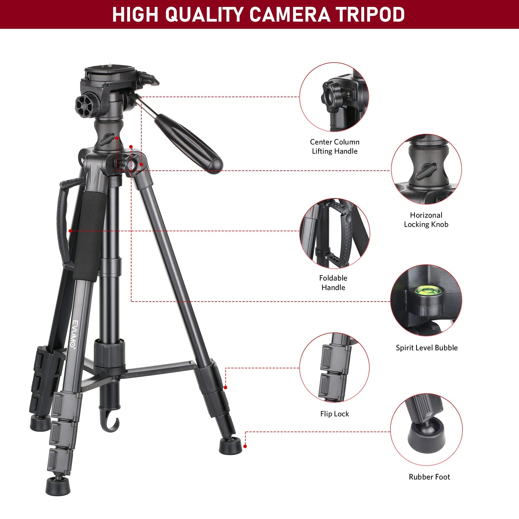 Evumo Hf3 Horizontal Tripod For Camera And Iphone, 65 Overhead Camera Tripod & Monopod 2In1 With Remote And Phone Mount, 360 R