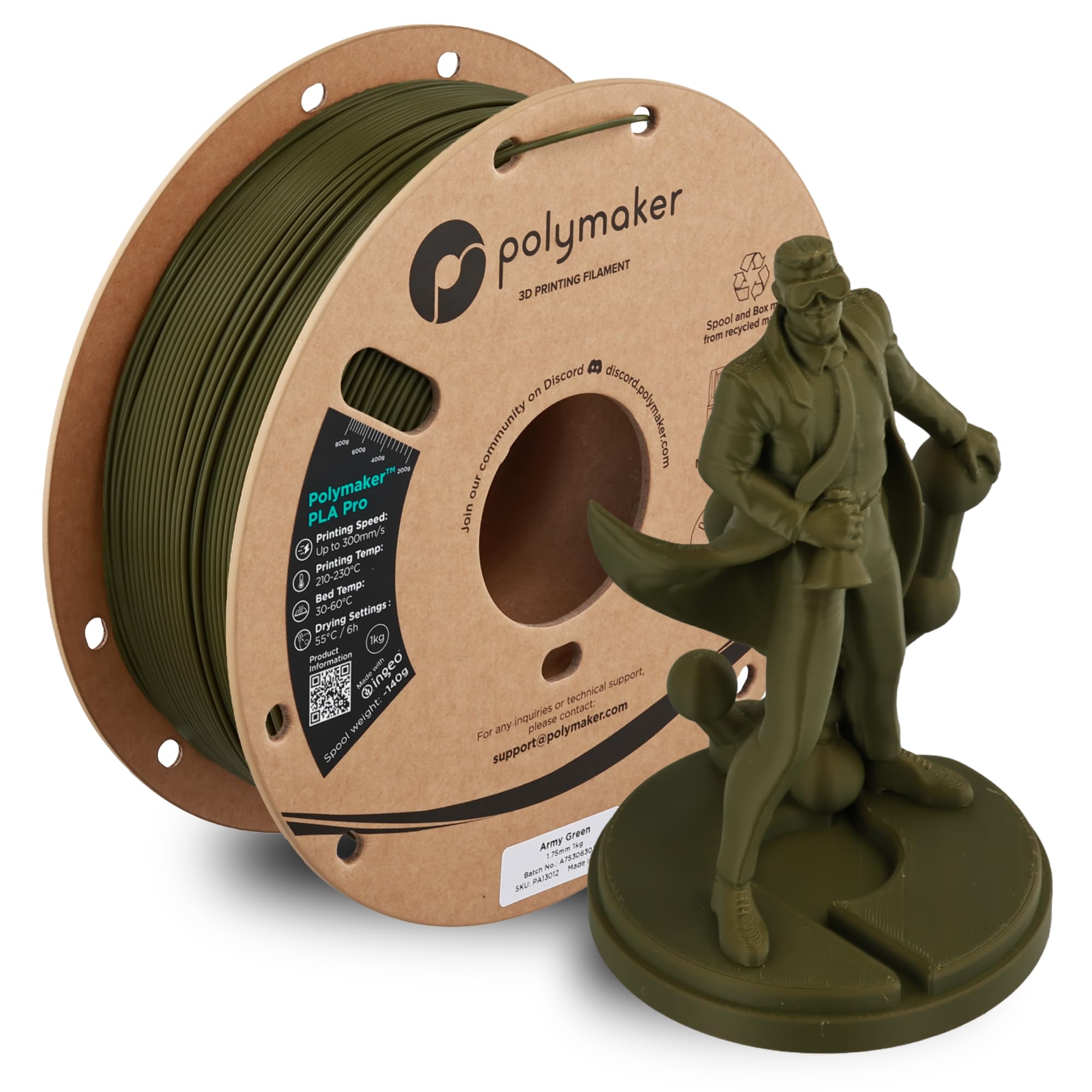 Polymaker PLA Pro 3D Printing Filament Army Green 1.75mm 1KG, High-Impact Tough PLA, Fast Printing up to 300mm/s, High Speed New