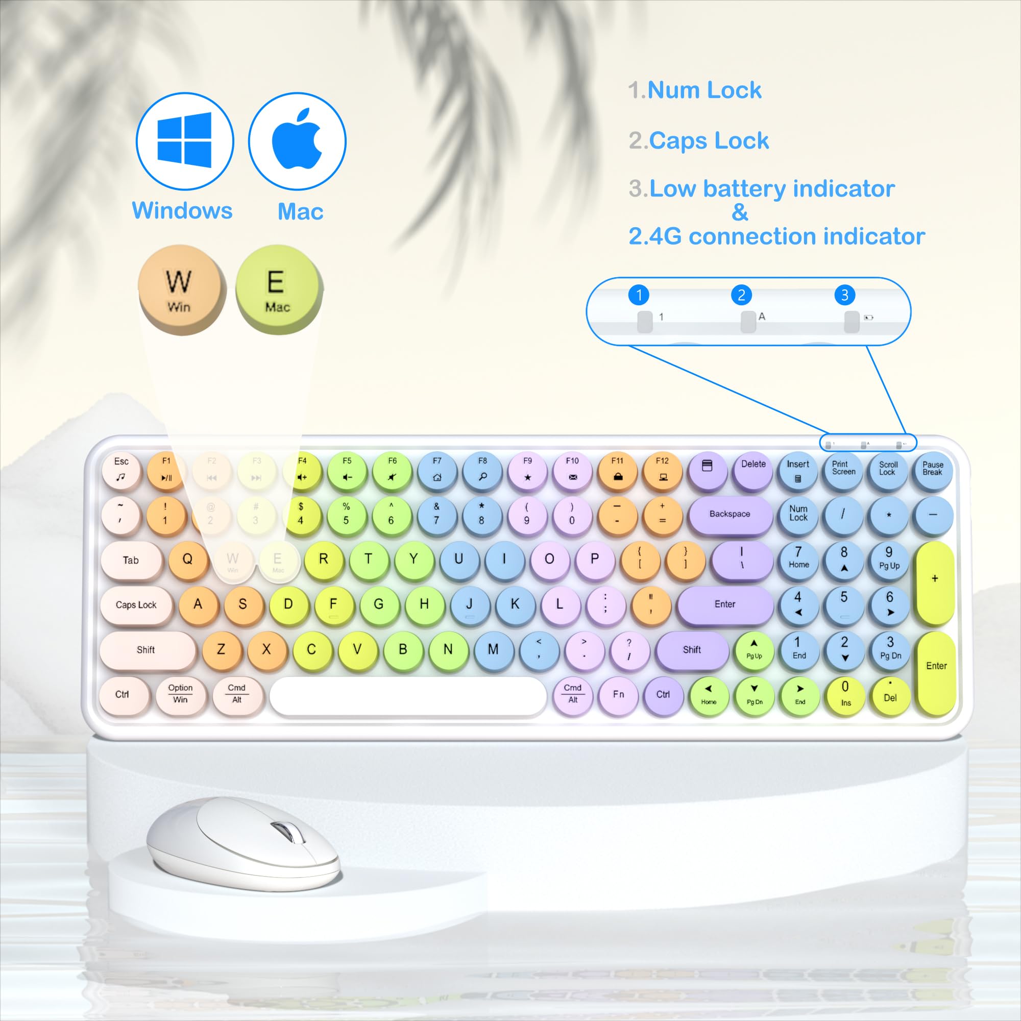 Colorful Wireless Keyboard Mouse Combo, Gradient Rainbow Colors 100 Keys And 2.4Ghz Optical Mouse Connection For Windows, Mac, L