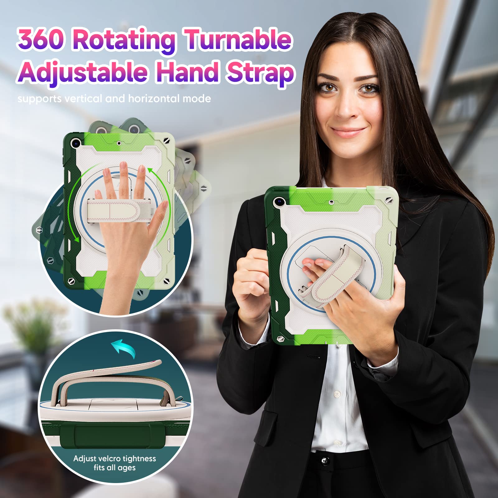 Rosrome Kids Case For Ipad 10.2 Inch Ipad 9Th/8Th/7Th Generation 2021/2020/2019 With Screen Protector,Rotating Stand Hand Strap