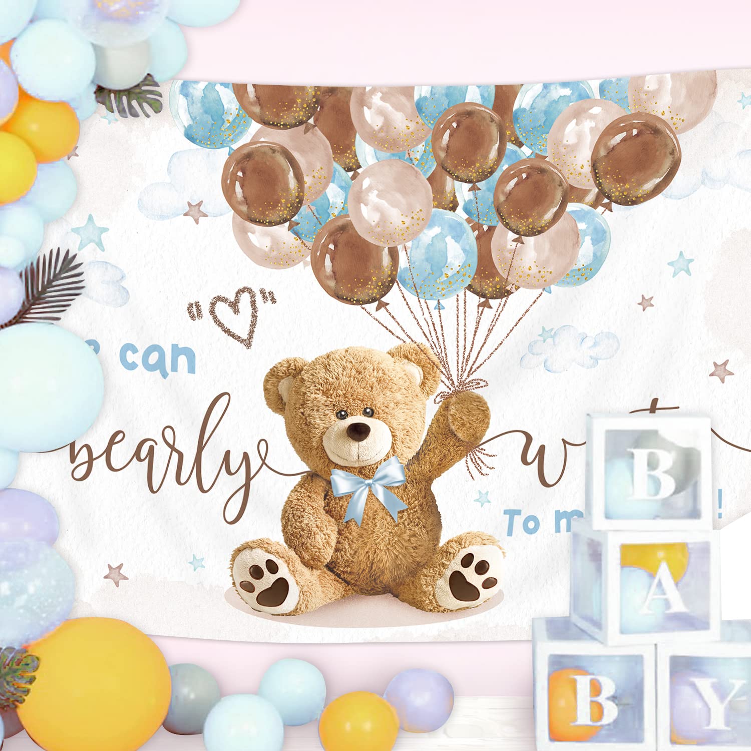 Imirell Bear Baby Shower Backdrop 5Wx3H Feet We Can Bearly Wait Brown Blue Balloons Cartoon Kids Boys Cute Polyester Fabric Wate