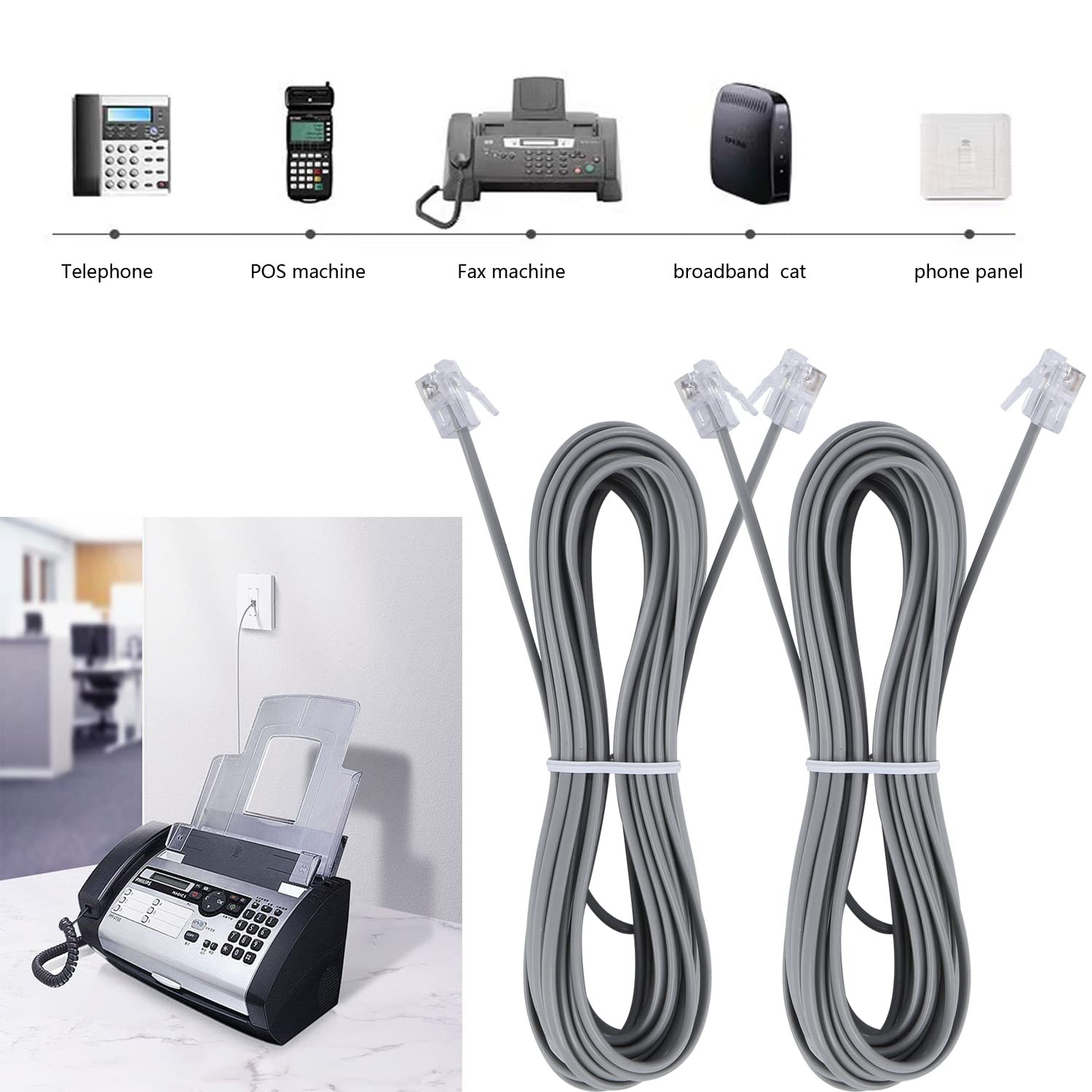 Lansensu 15 Feet Telephone Landline Extension Cord Cable Cord With Standard Rj 11 6P4C Plug (Silver 15 Ft, 2Pack)