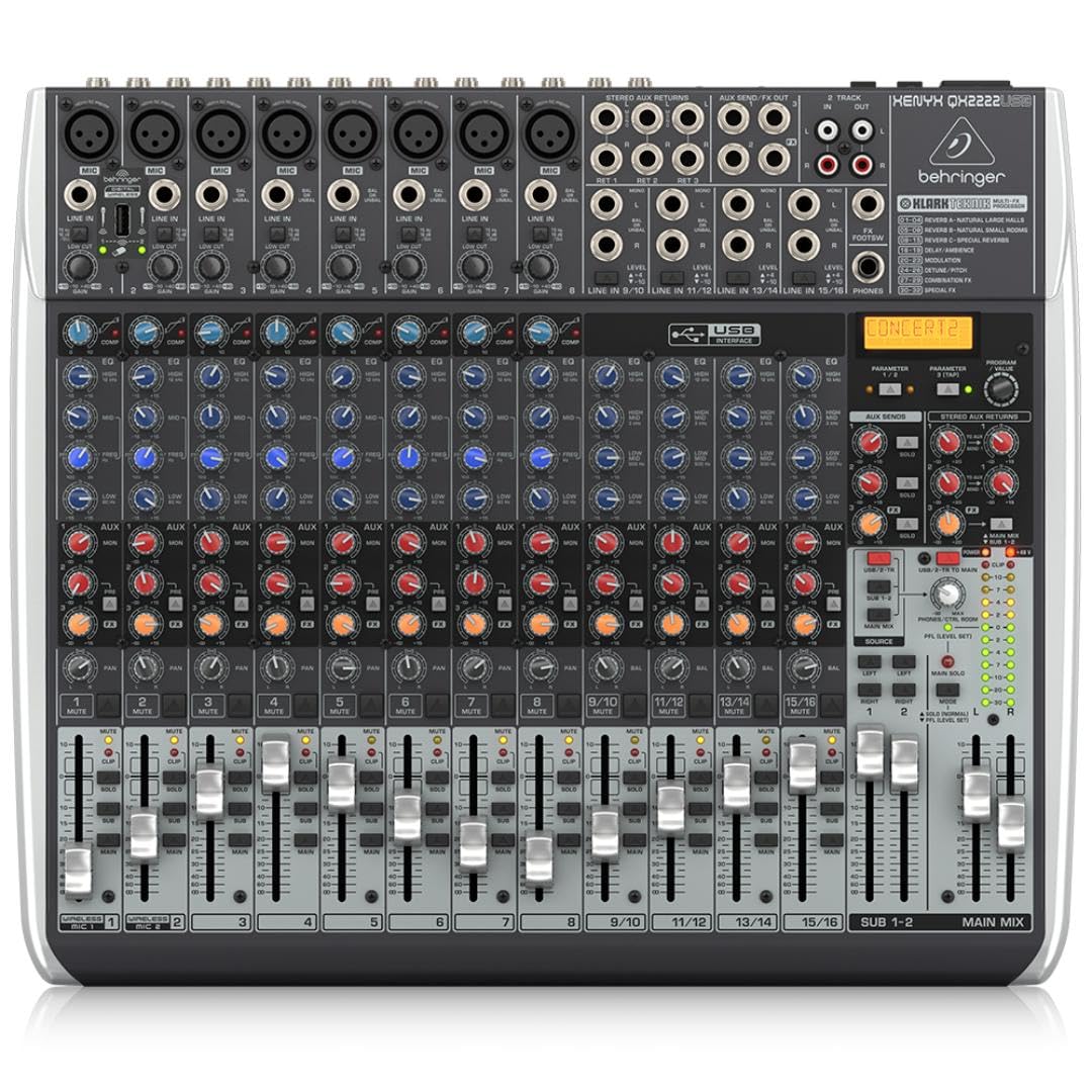 Behringer Xenyx Qx2222Usb Premium 22 Input 2/2 Bus Mixer With Xenyx Mic Preamps And Compressors, Klark Teknik Multi Fx Processor