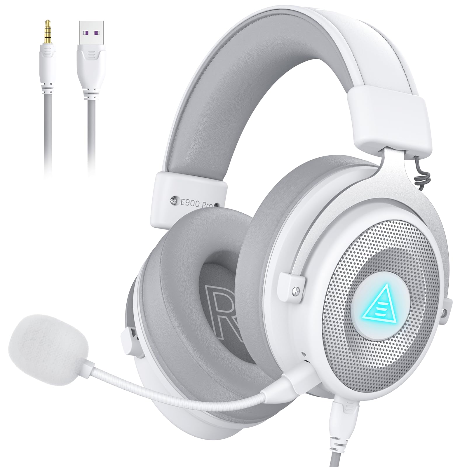 Eksa E900 Pro White Gaming Wired Over Ear Headphones With Virtual 7.1 Surround Sound, Noise Cancelling With Mic & Led, Compatibl