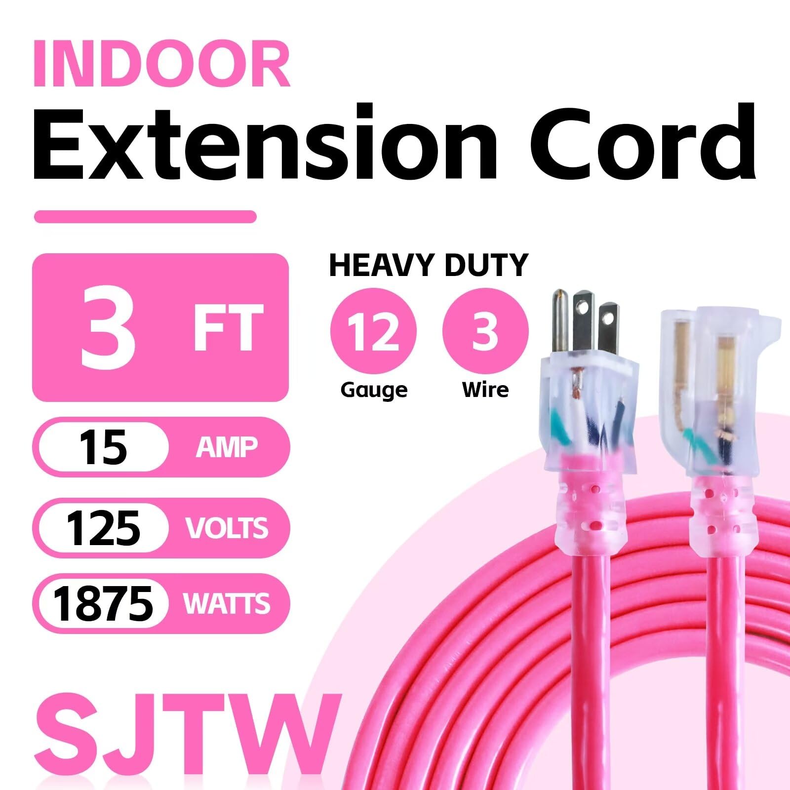 Ultra Explorer Indoor Extension Cord Waterproof 3 Ft, 12 Gauge Heavy Duty Pink Extension Cord Sjtw, Flexible Cold Resistant 3 Pr