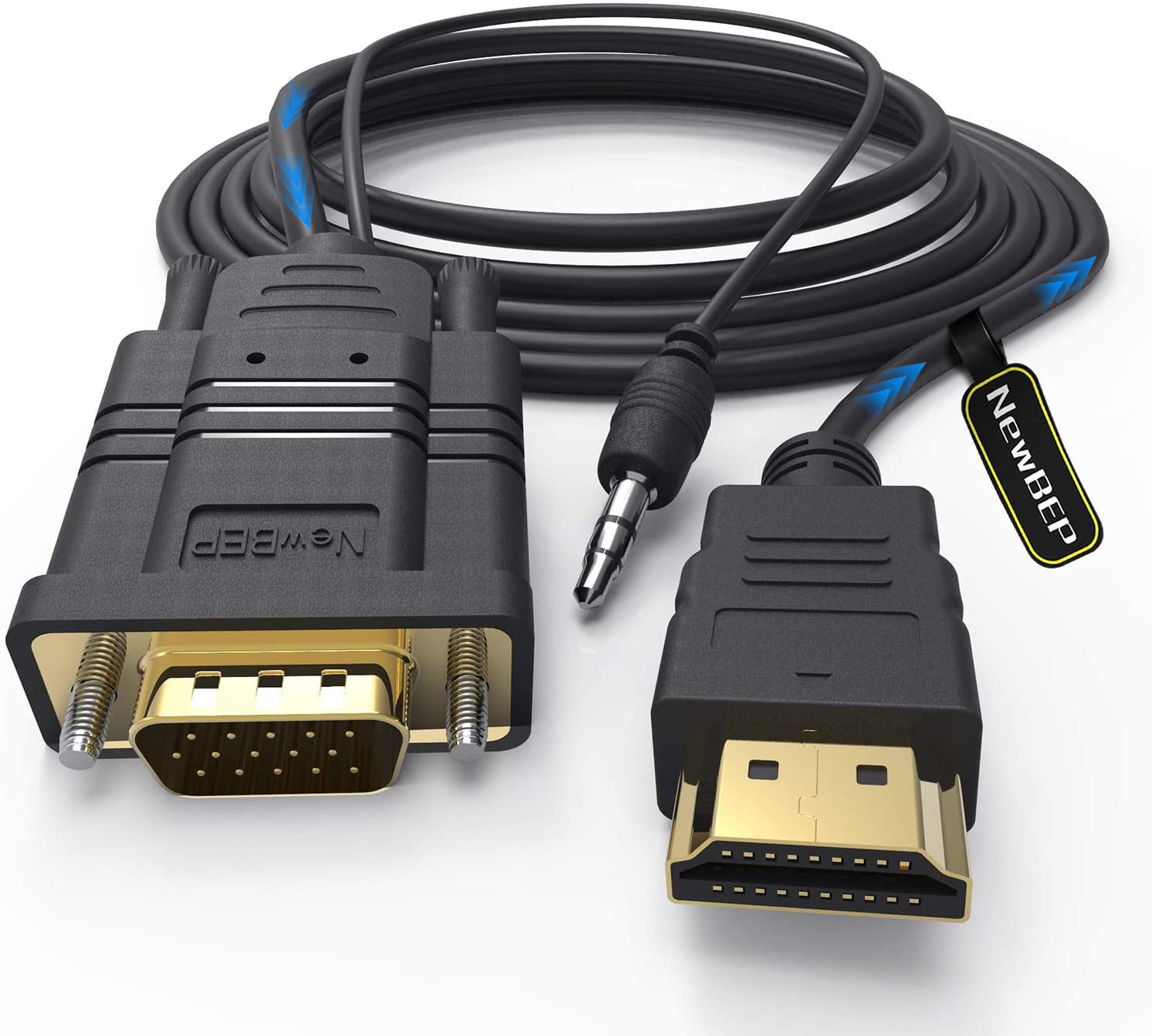 Newbep Hdmi To Vga Cable Adapter With 3.5Mm Audio Cord, 1080P Hd 6Ft/1.8M Gold Plated Hdmi Male To Vga Male Active Video Convert