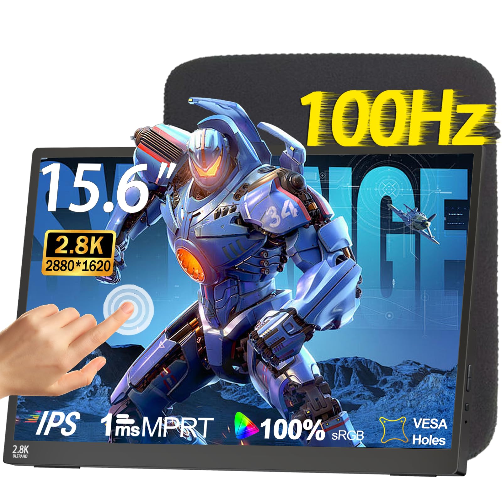 IBW 15.6 2.8K 100Hz Portable Monitor Touchscreen, QHD 2880x1620 IPS Gaming Display, 300 Nits 100% sRGB HDR FreeSync, USB-C HDMI 