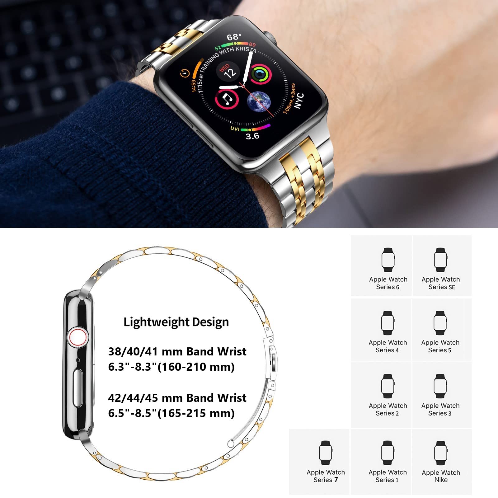Miohhr Compatible With Apple Watch Band 38Mm 40Mm, Solid Stainless Steel Metal Strap For Iwatch Series 6 5 4 3 2 1 Se (Silver/Go