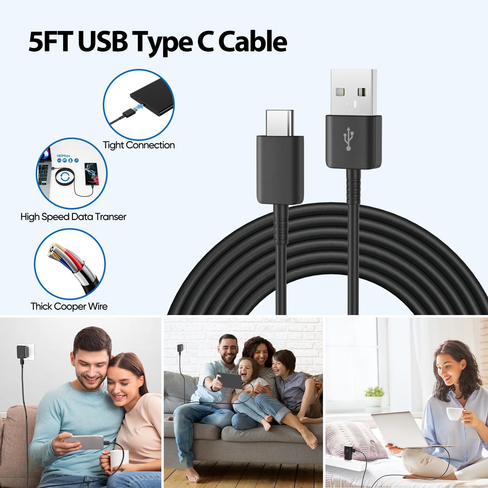 Fast Charger Andriod, Type C Fast Charger With 5Ft C Type Fast Charging Cable For Galaxy S10/S9/S8/S10E/S10+/S8+/S9+/Note 8 9 10