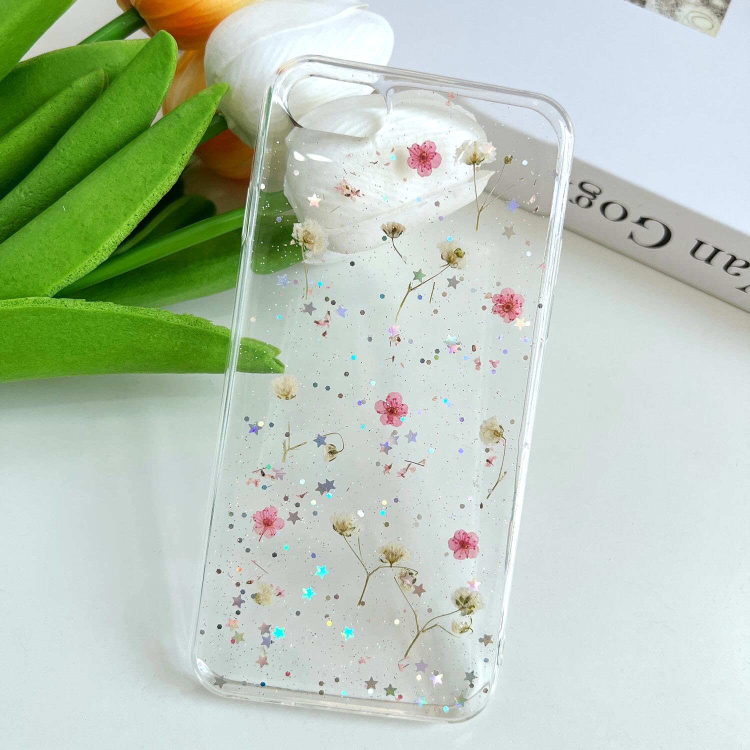 Lseeka For Iphone Se 2022/ Se 2020/8/7 Clear Case With Pressed Real Flowers Design,Glitter Cute Pink Floral Pattern Slim Soft Tp