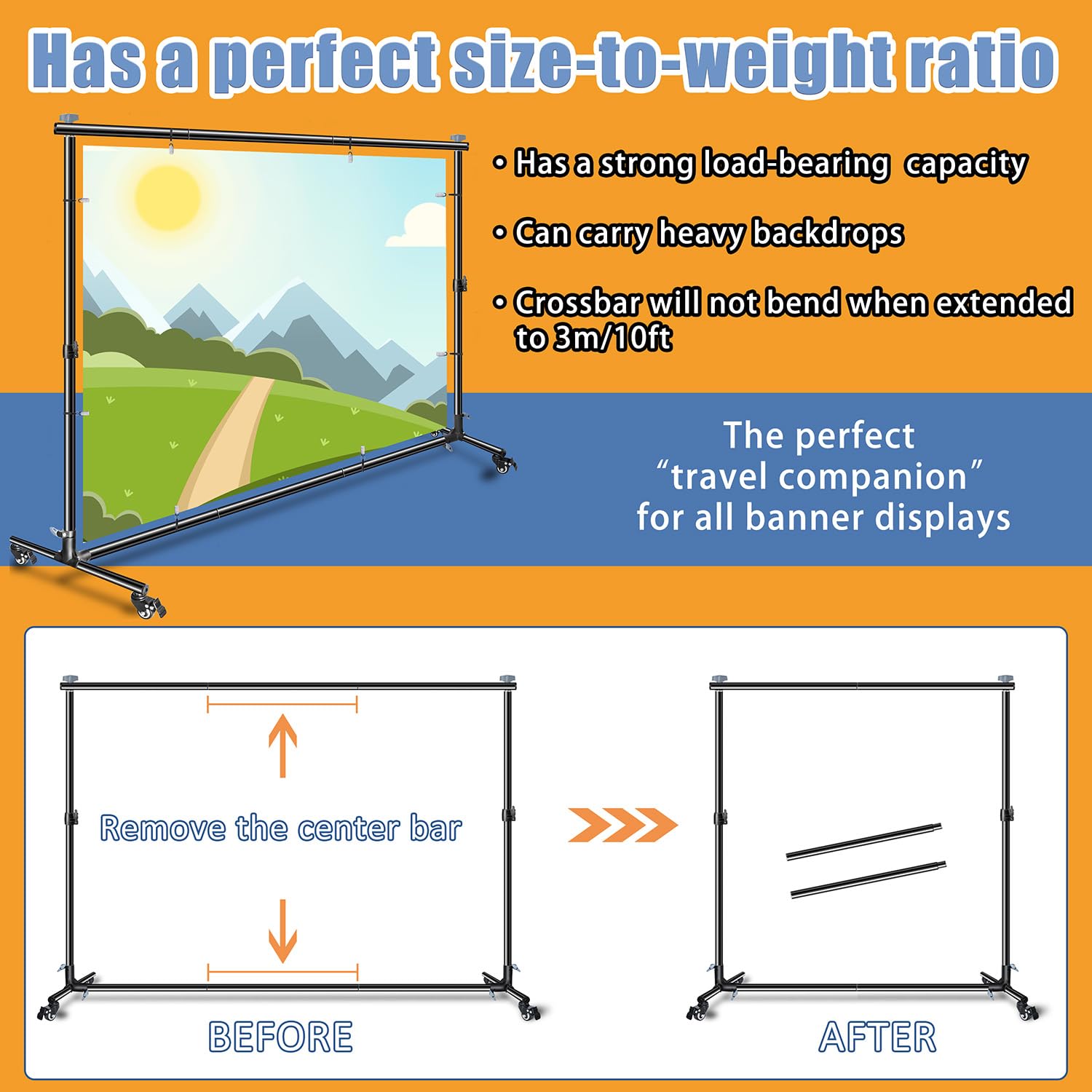 Versatile Heavy Duty Backdrop Stand, With Wheels, 10 * 7Ft Adjustable Photo Background Stand, Banner Backdrop Stand For Parties/