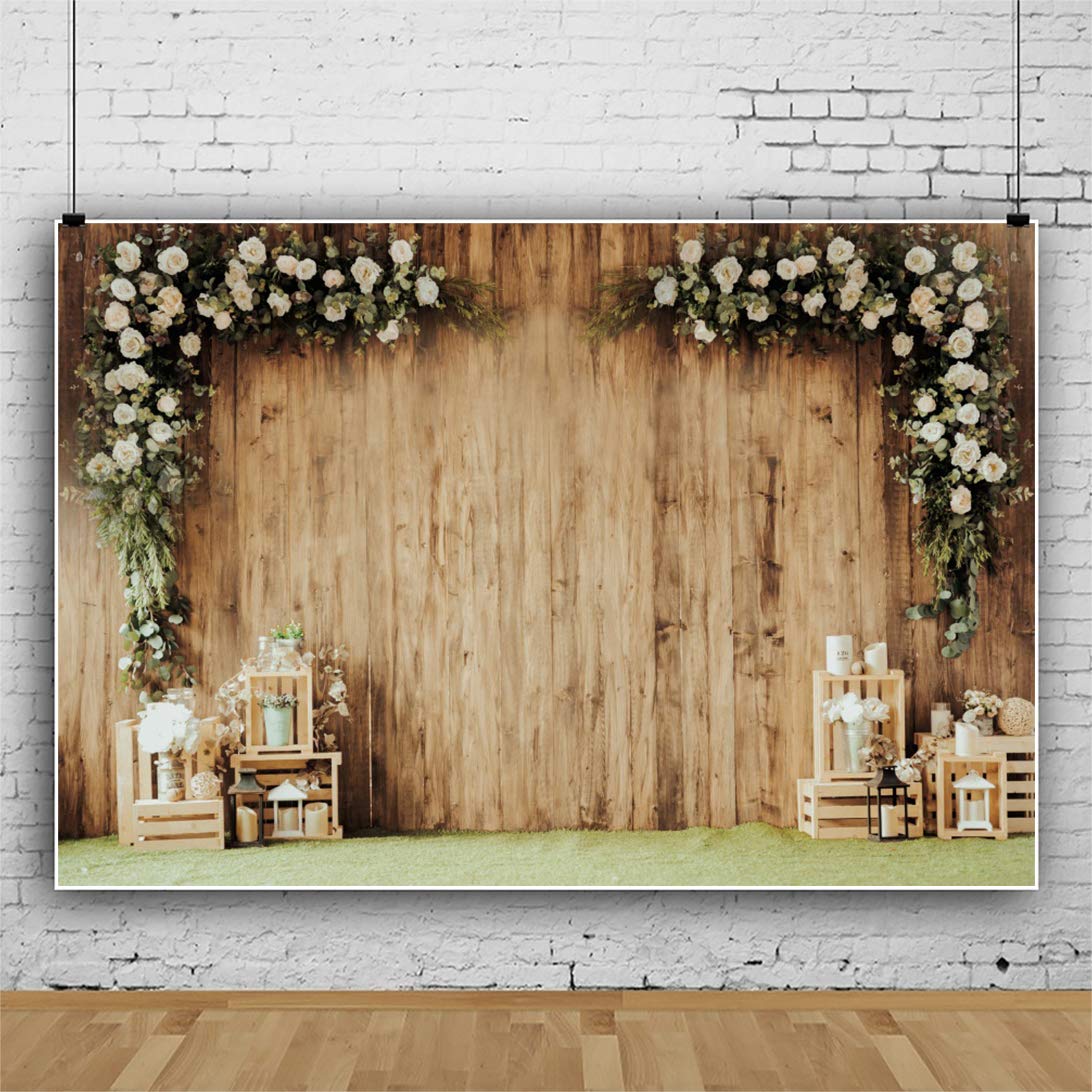 Dashan 10X6Ft Polyester Wedding Backdrop Rustic Floral Flower Wood Wall Backdrop Bridal Shower Reception Ceremony Photography Ba