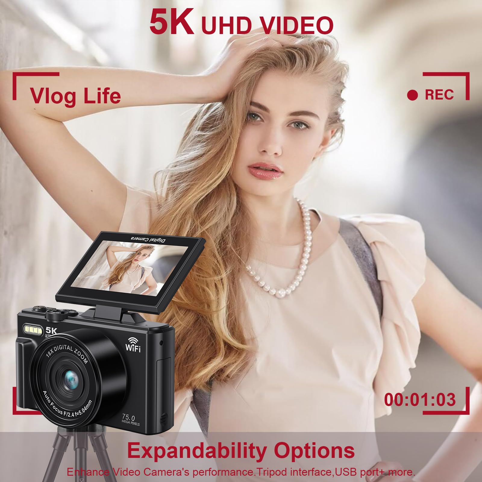Digital Cameras For Photography - 5K 75Mp Vlogging Camera For Youtube Wifi - Uhd Autofocus Vlog Camera 3 180 Flip Screen With 18