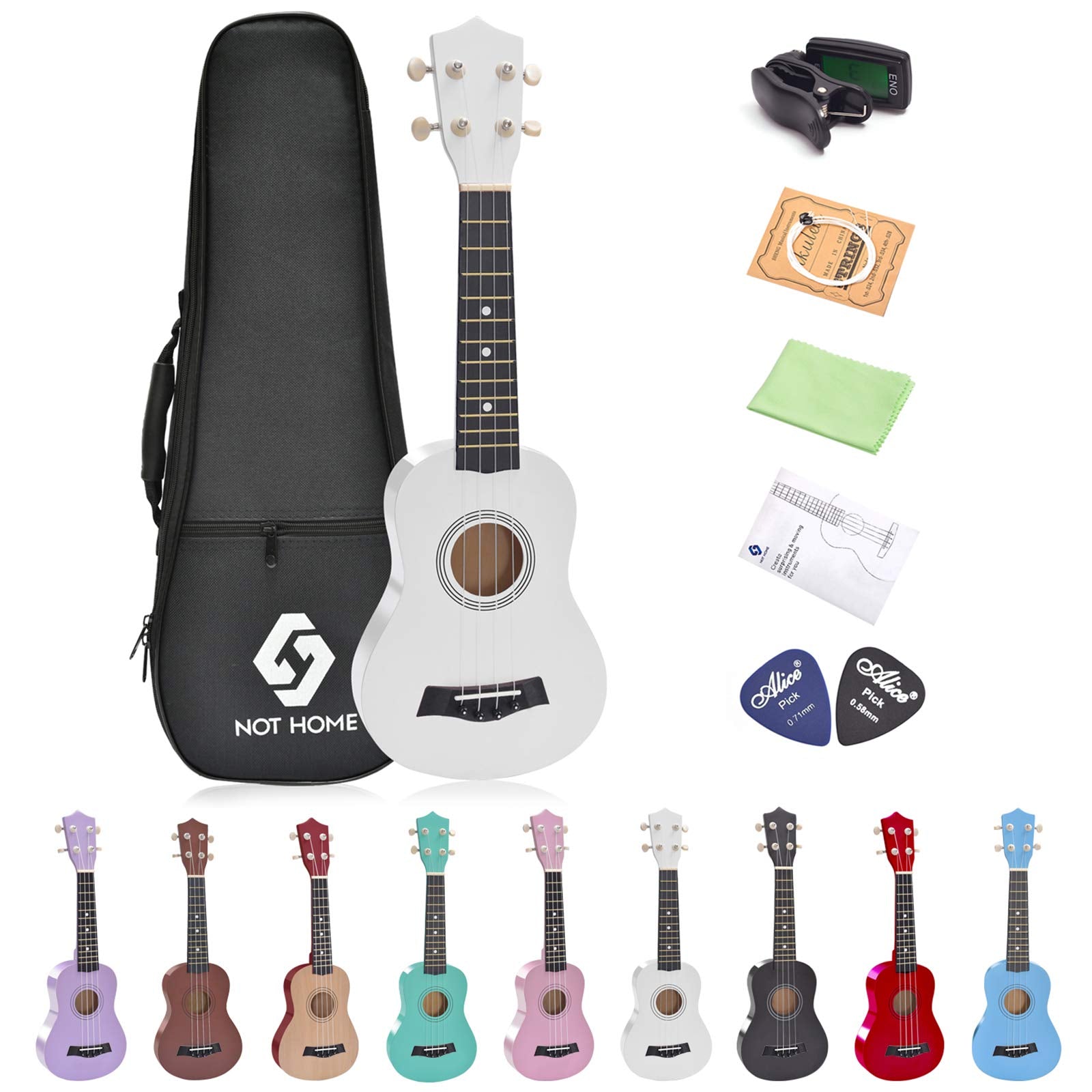 Not Home Soprano Ukulele Beginner Pack, 21 Inch Basswood Kids Ukuleles Starter Kit With Gig Bag Digital Tuner Spare Strings And