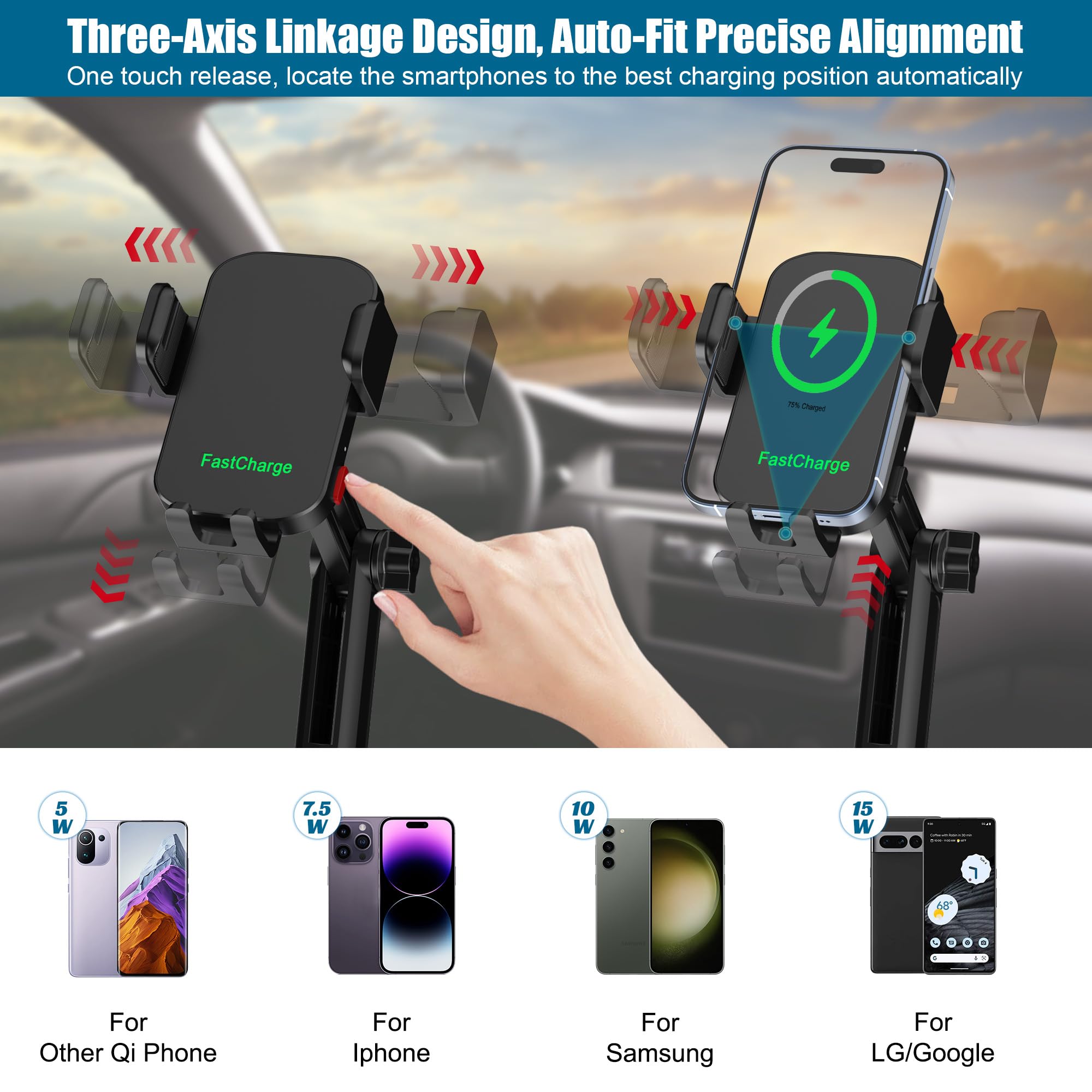 Wireless Car Charger Phone Mount Cup Holder, 3 In 1 15W Fast Charging Auto Clamping Cup Holder Expander For Car, Phone Holders F