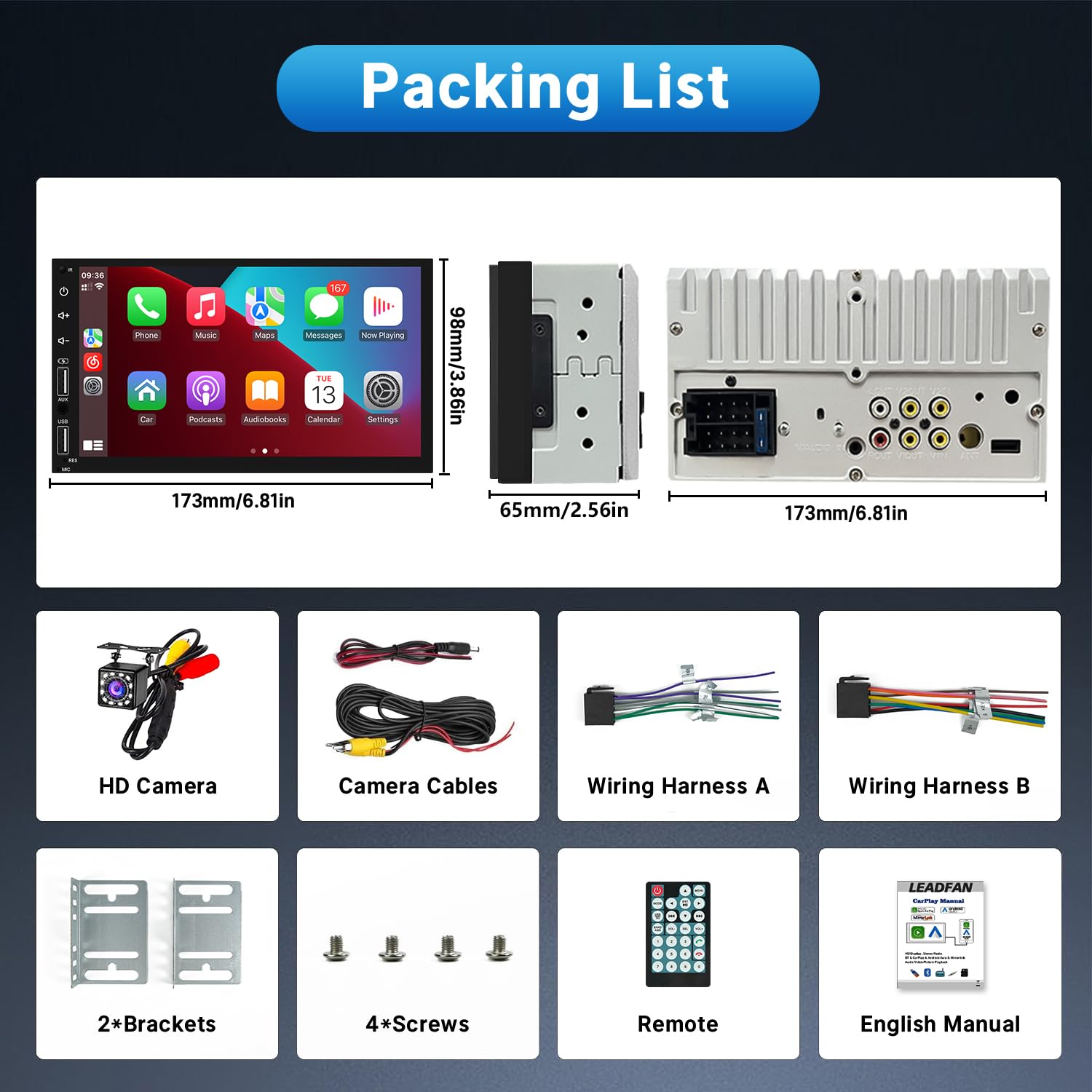 Leadfan Double Din Car Stereo Radio Support Apple Carplay&Android Auto, 7Inch Hd Touchscreen Double Din Radio With Bluetooth, Ca