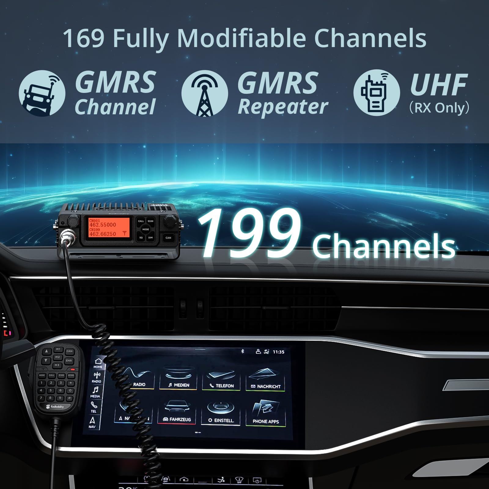 Radioddity Db40 G Gmrs Mobile Radio, 40 Watts Long Range Two Way Radio, Gmrs Repeater Capable, 199 Channels, Supports Uhf Scanni