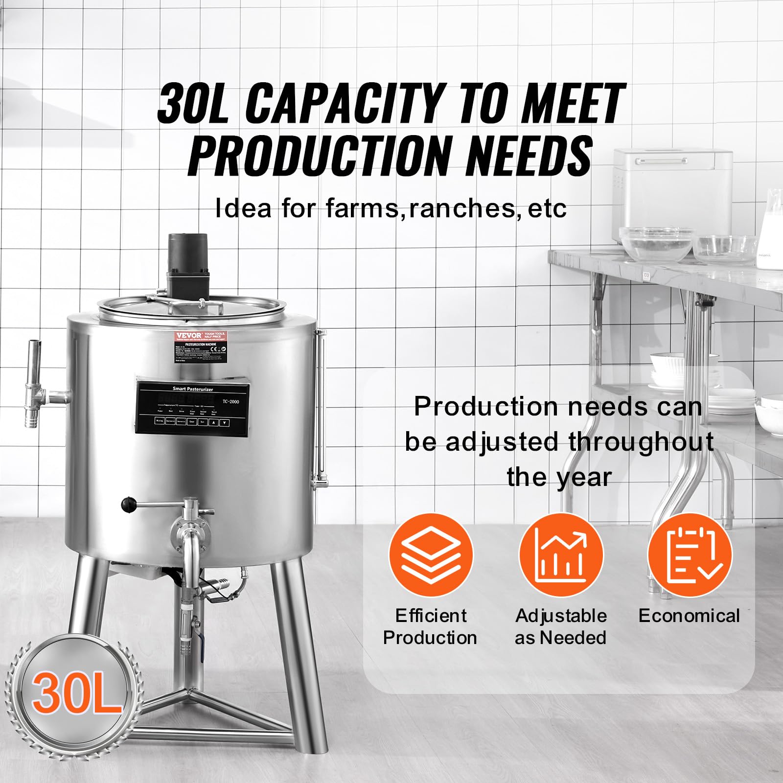 Vevor Milk Pasteurizer 30L, Commercial Milk Pasteurization Machine, Food Grade 304 Stainless Steel, Professional Pasteurization